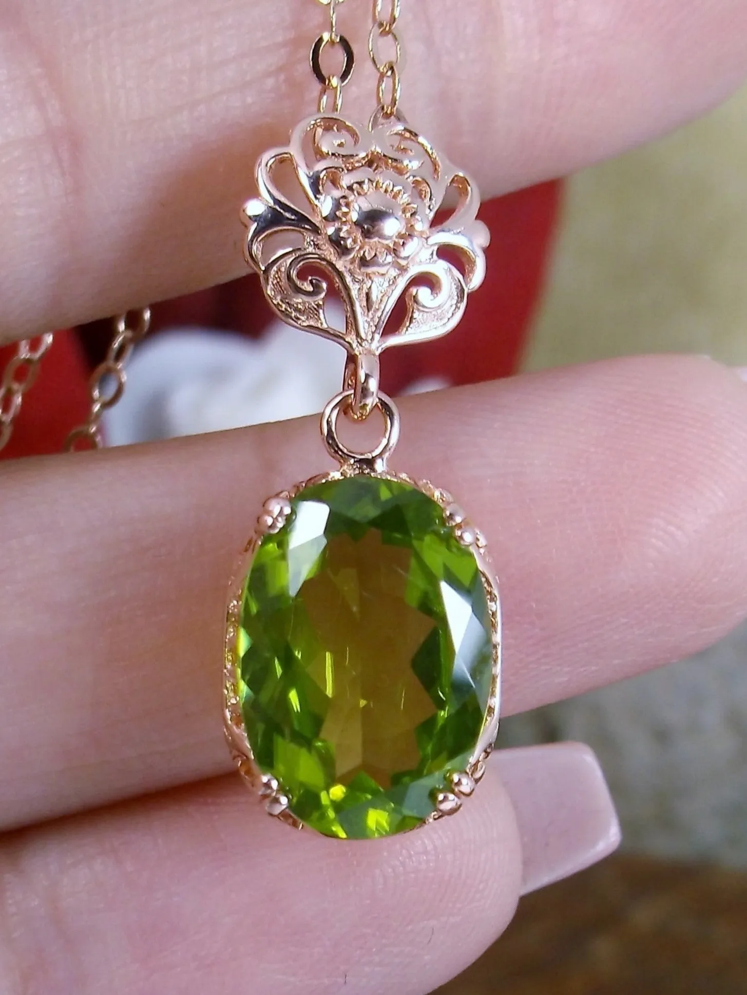 Peridot Pendant, Rose Gold, Natural Peridot Edwardian Necklace #P70