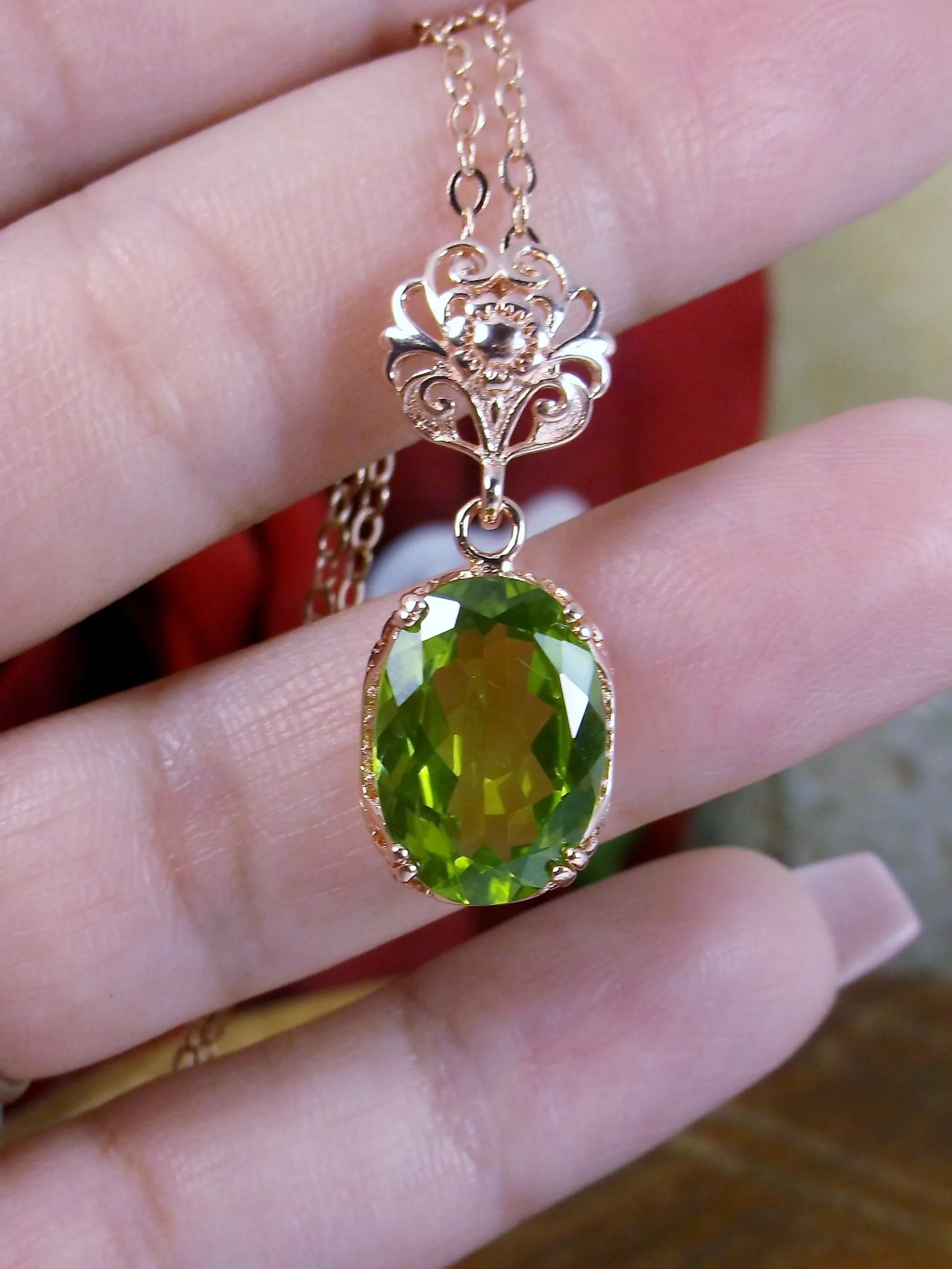 Peridot Pendant, Rose Gold, Natural Peridot Edwardian Necklace #P70