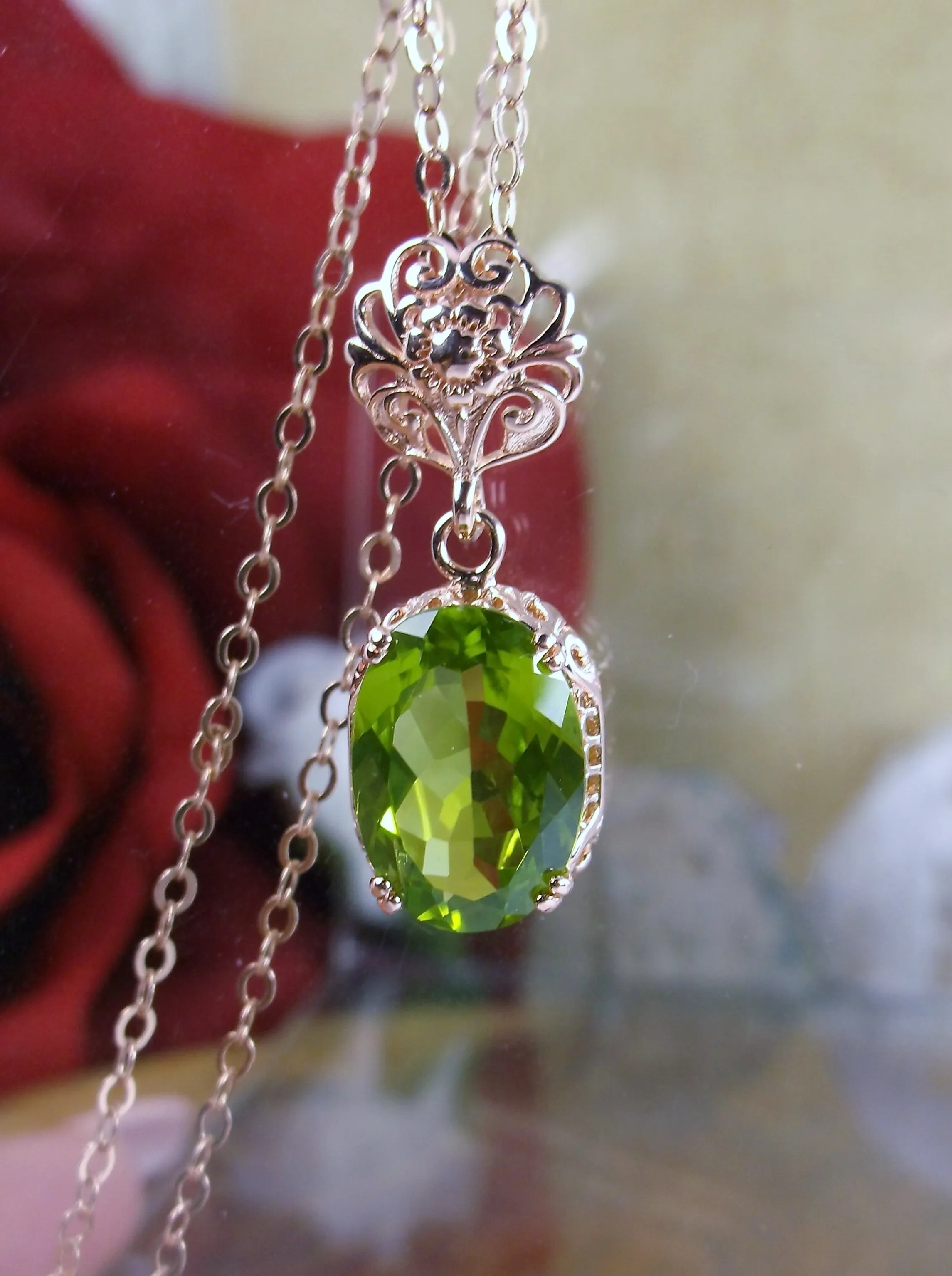 Peridot Pendant, Rose Gold, Natural Peridot Edwardian Necklace #P70