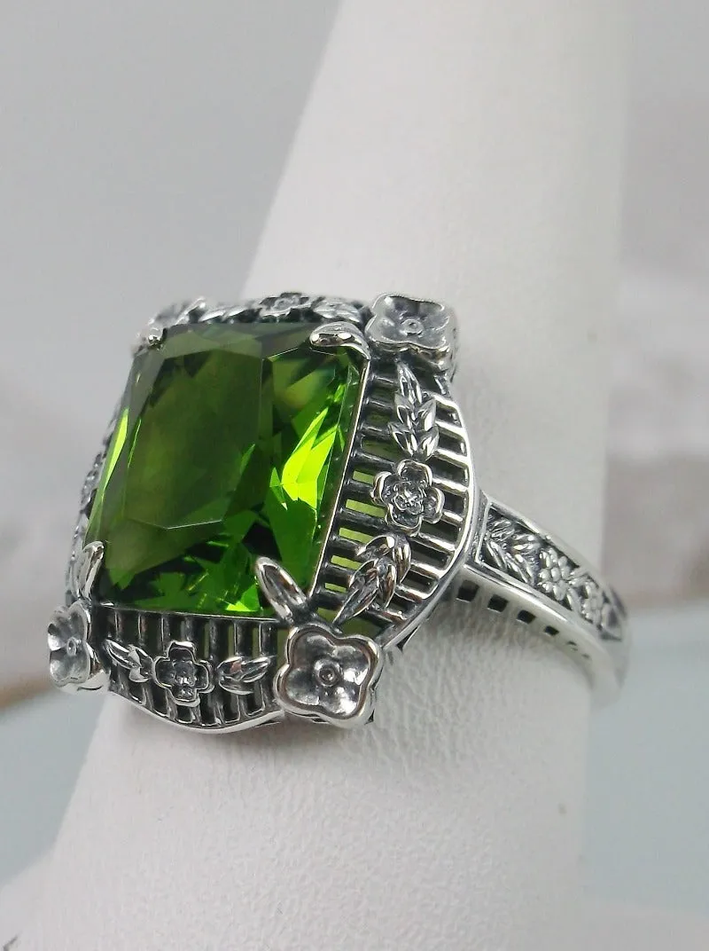 Peridot Picture Frame Ring, Victorian Floral Filigree Jewelry #D227