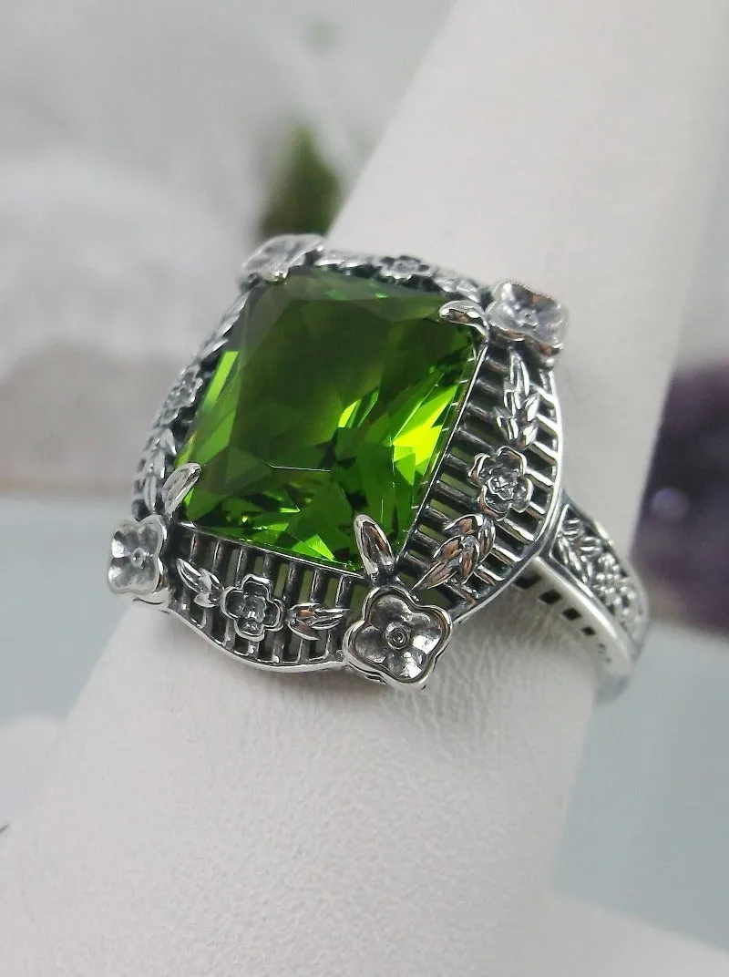 Peridot Picture Frame Ring, Victorian Floral Filigree Jewelry #D227