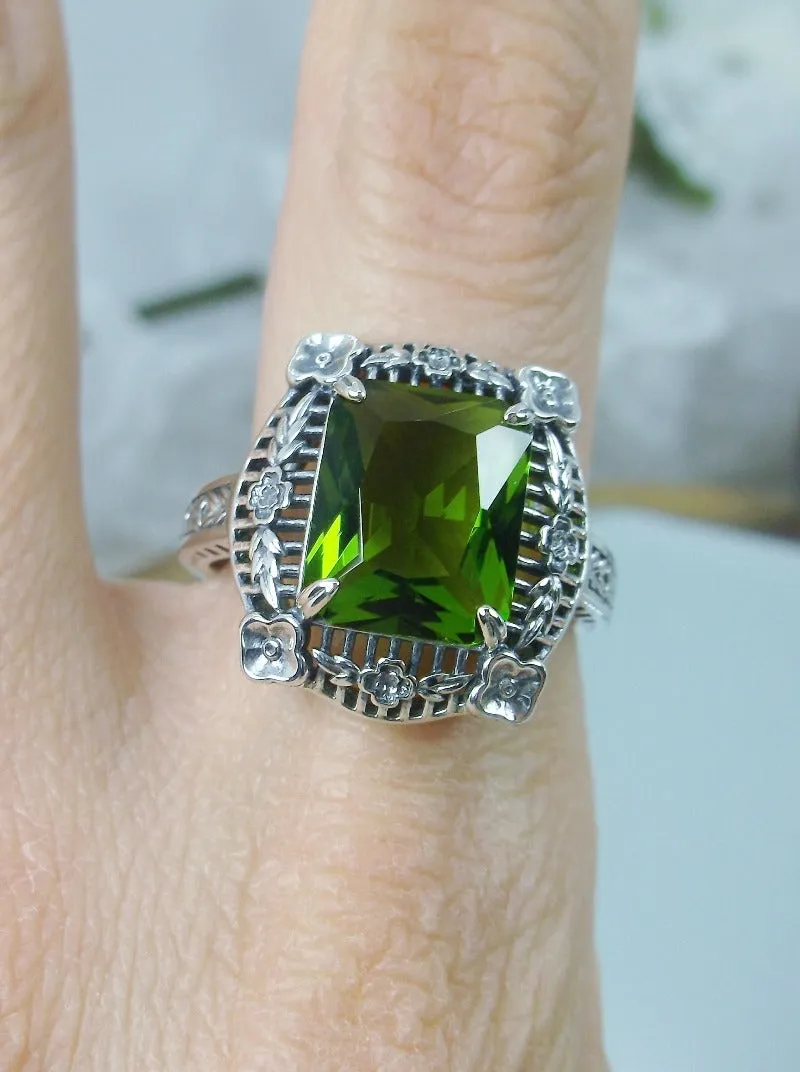 Peridot Picture Frame Ring, Victorian Floral Filigree Jewelry #D227