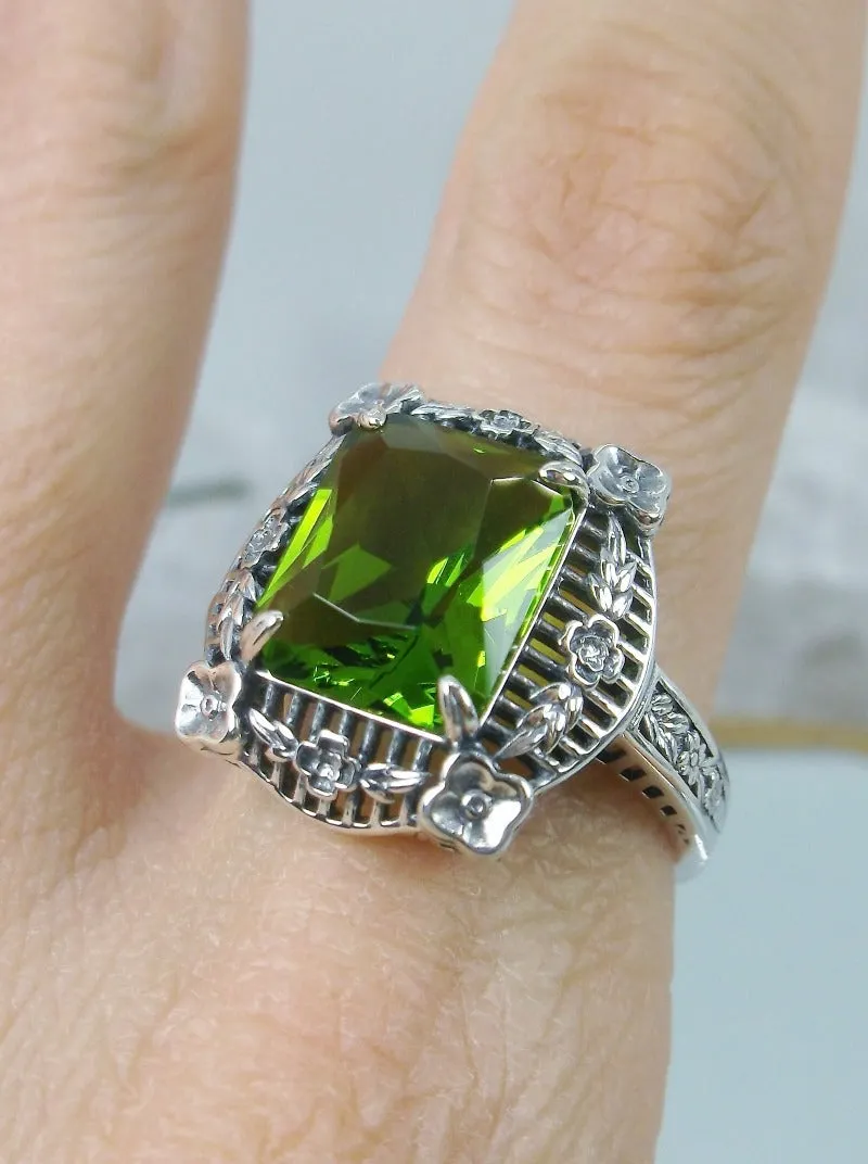 Peridot Picture Frame Ring, Victorian Floral Filigree Jewelry #D227