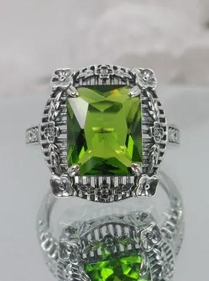 Peridot Picture Frame Ring, Victorian Floral Filigree Jewelry #D227