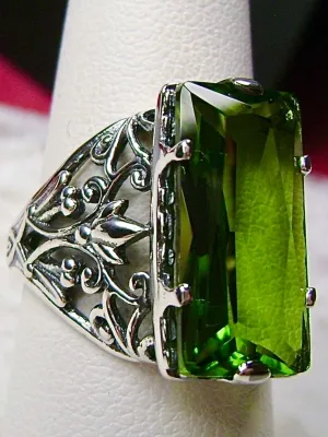 Peridot Ring, Baguette Gem, Floral Leaf Filigree, Victorian Jewelry, D32