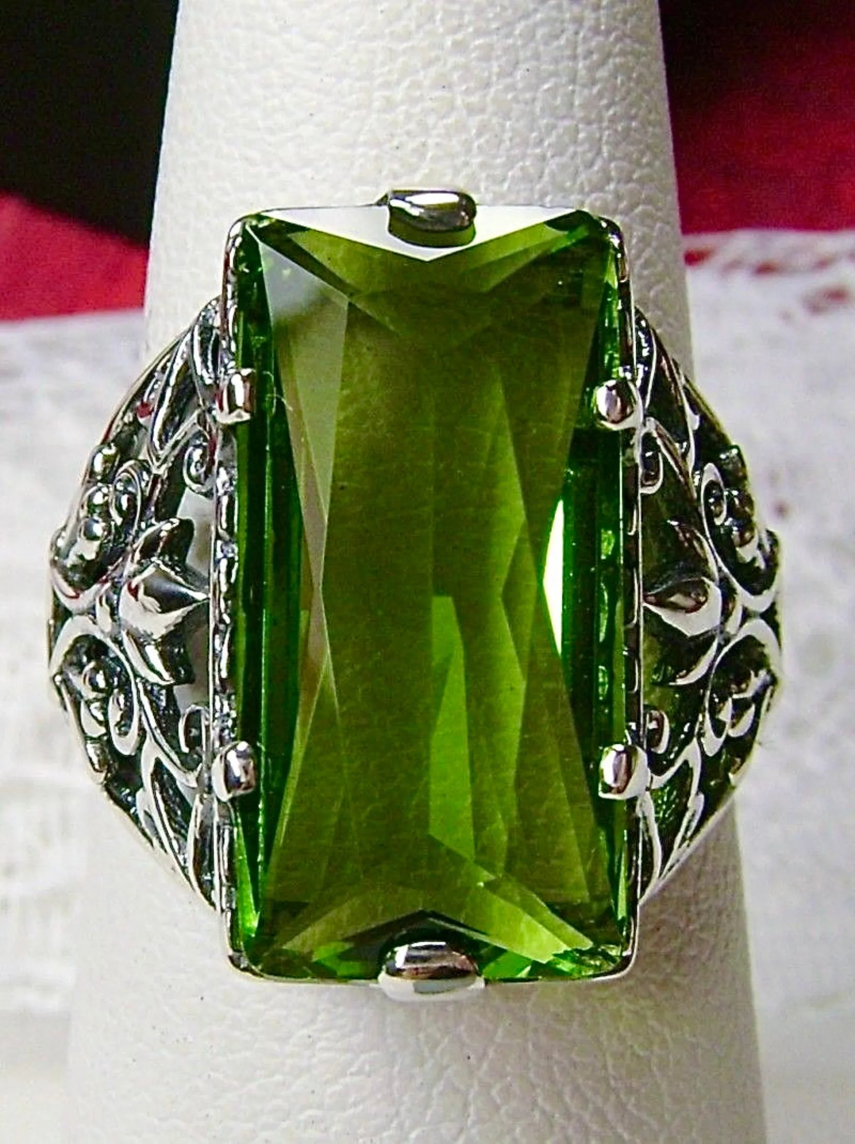 Peridot Ring, Baguette Gem, Floral Leaf Filigree, Victorian Jewelry, D32