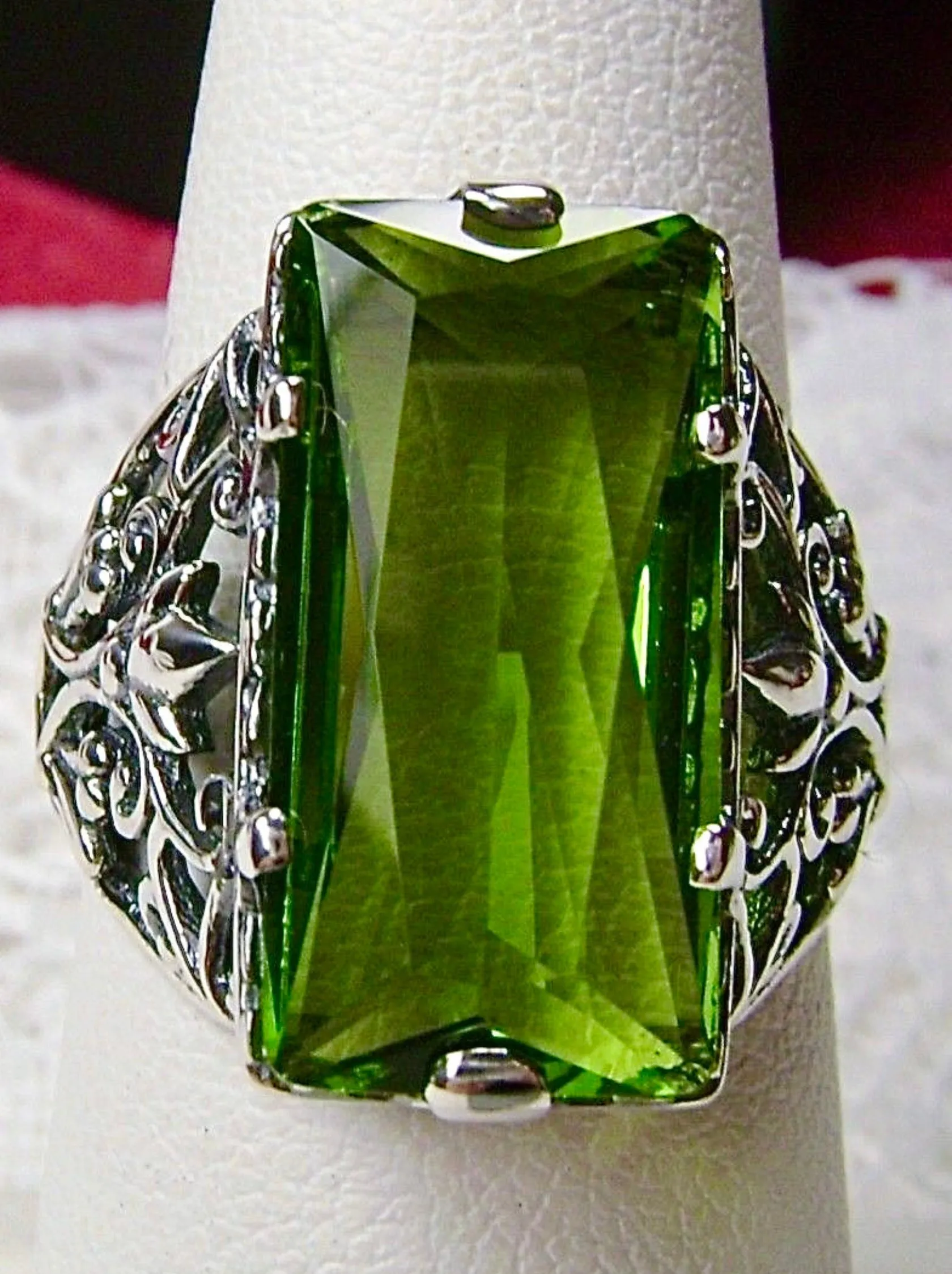 Peridot Ring, Baguette Gem, Floral Leaf Filigree, Victorian Jewelry, D32