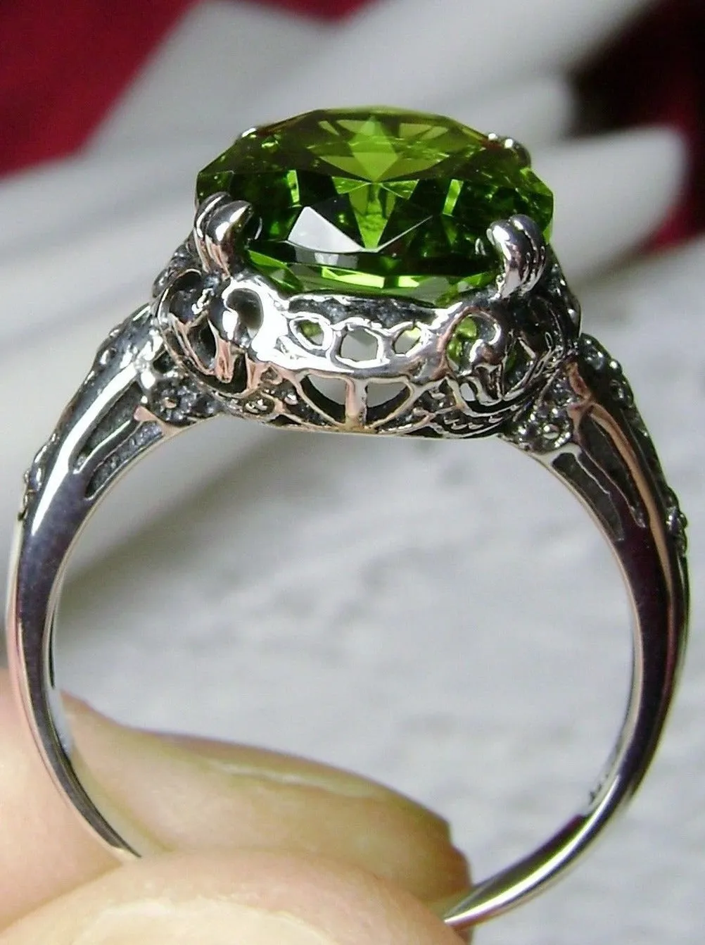 Peridot Ring, Simulated or Natural Peridot, Sterling Silver Edwardian Jewelry #D70