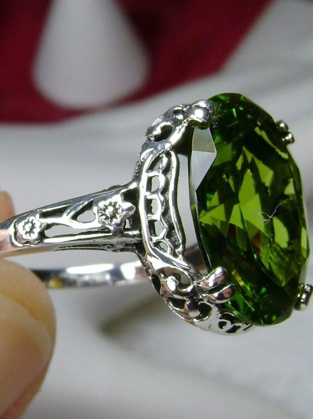Peridot Ring, Simulated or Natural Peridot, Sterling Silver Edwardian Jewelry #D70