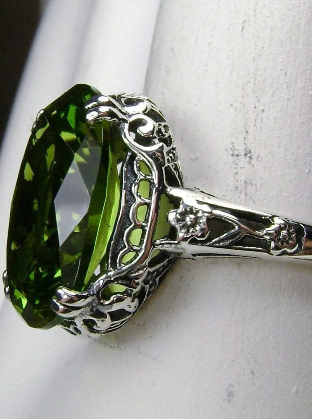 Peridot Ring, Simulated or Natural Peridot, Sterling Silver Edwardian Jewelry #D70