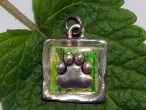 Pewter with jungle print & sterling silver paw print pendant-resin, cat, dog