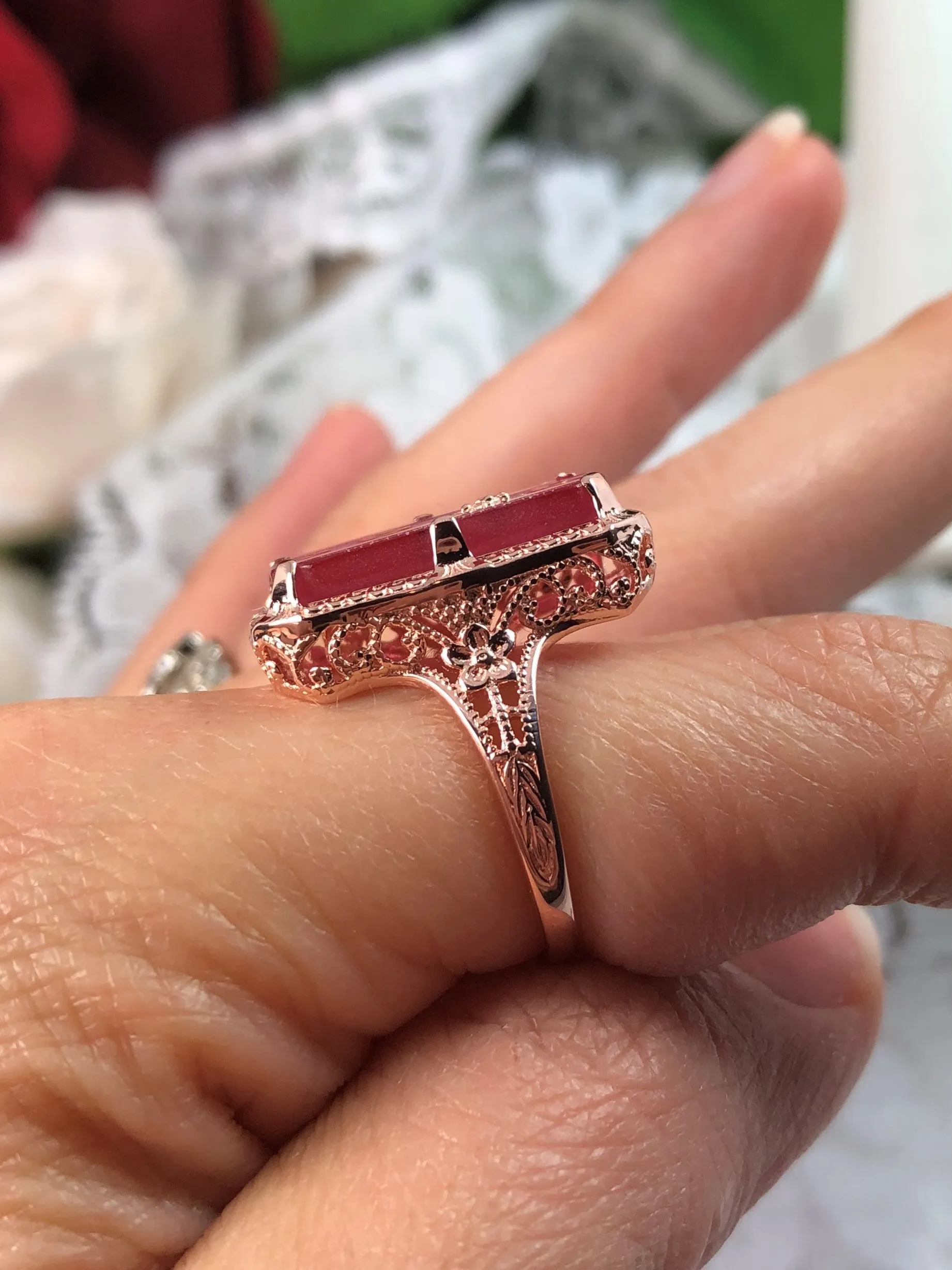 Pink Camphor Glass Ring, Rose Gold overlay, 1915 Vintage style, Edwardian Jewelry #D232