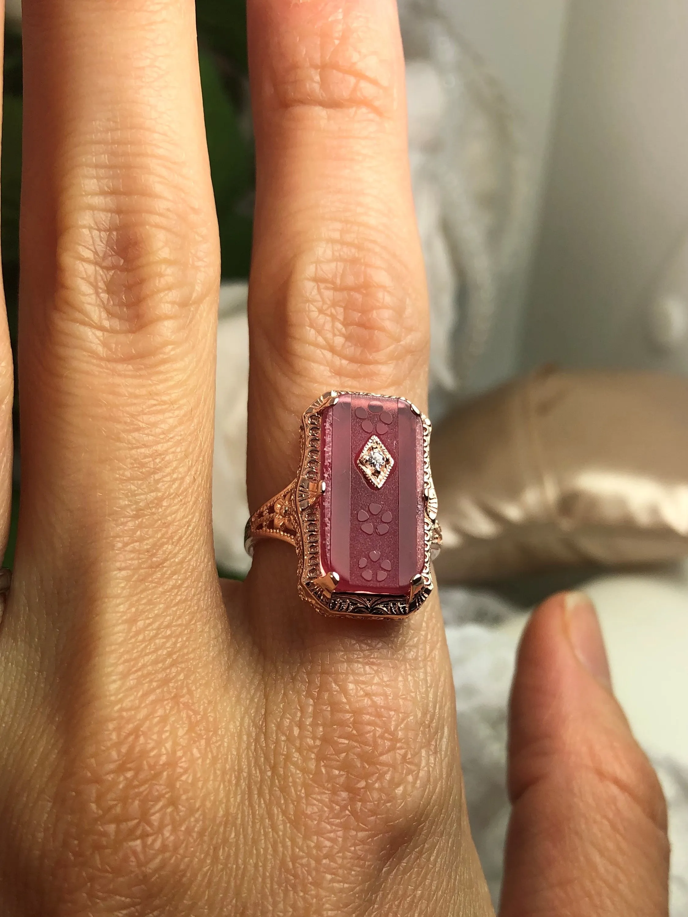 Pink Camphor Glass Ring, Rose Gold overlay, 1915 Vintage style, Edwardian Jewelry #D232