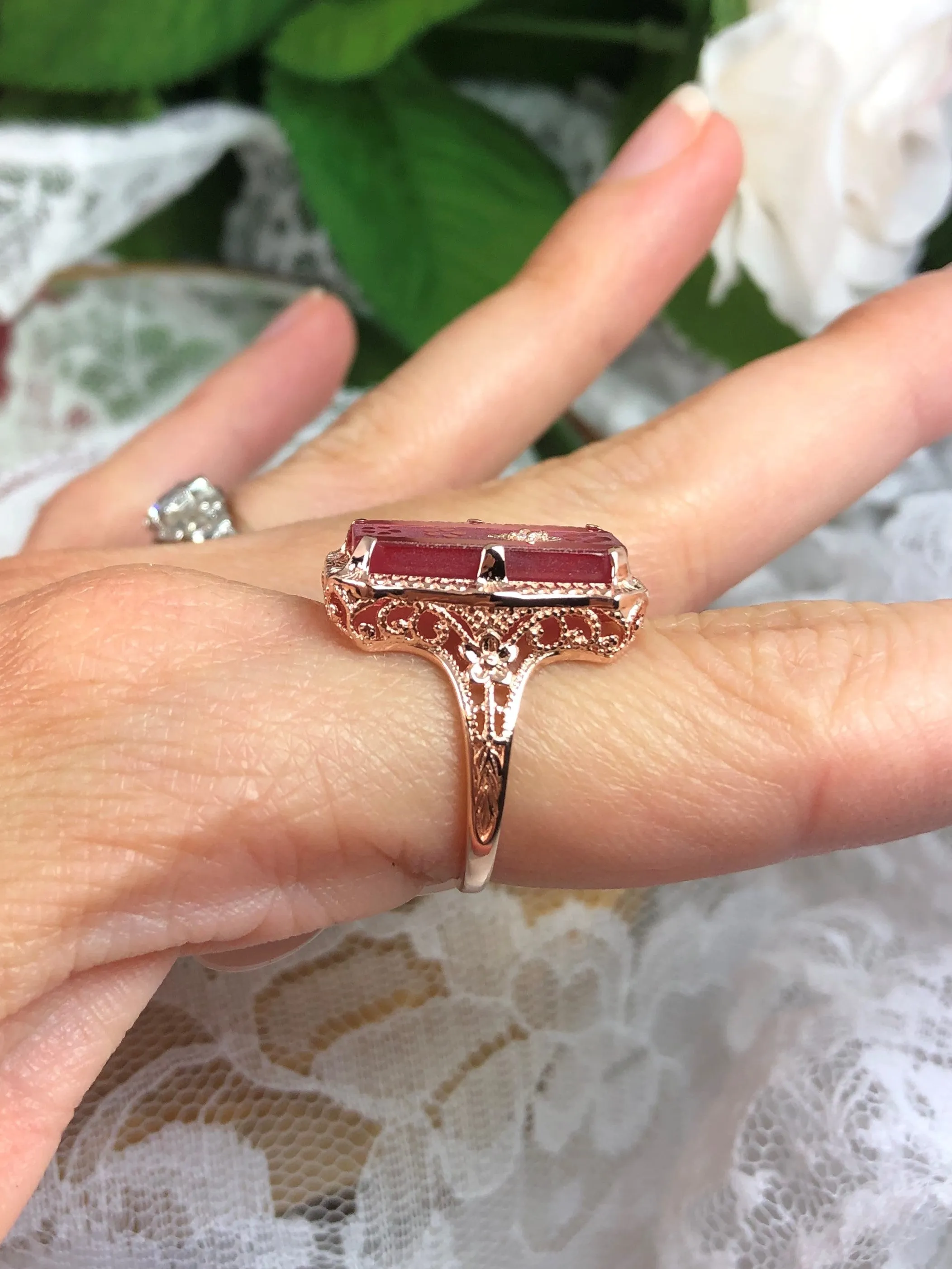 Pink Camphor Glass Ring, Rose Gold overlay, 1915 Vintage style, Edwardian Jewelry #D232