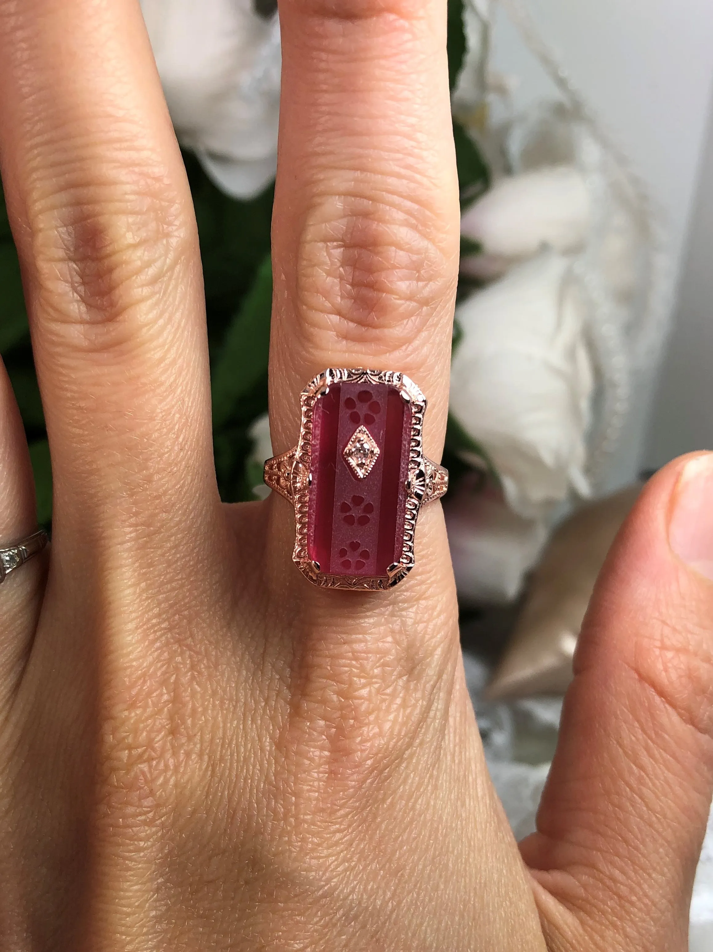 Pink Camphor Glass Ring, Rose Gold overlay, 1915 Vintage style, Edwardian Jewelry #D232