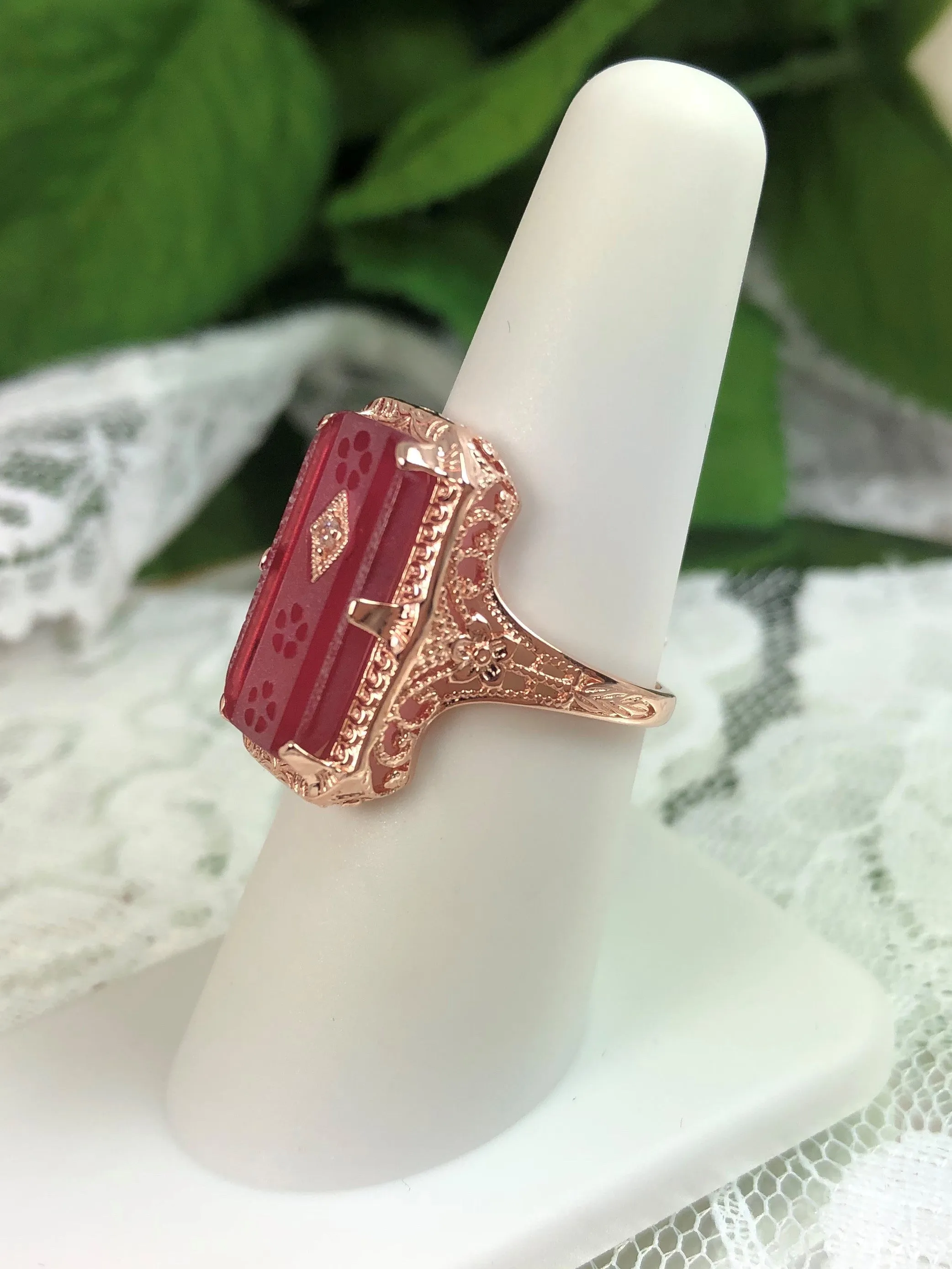 Pink Camphor Glass Ring, Rose Gold overlay, 1915 Vintage style, Edwardian Jewelry #D232