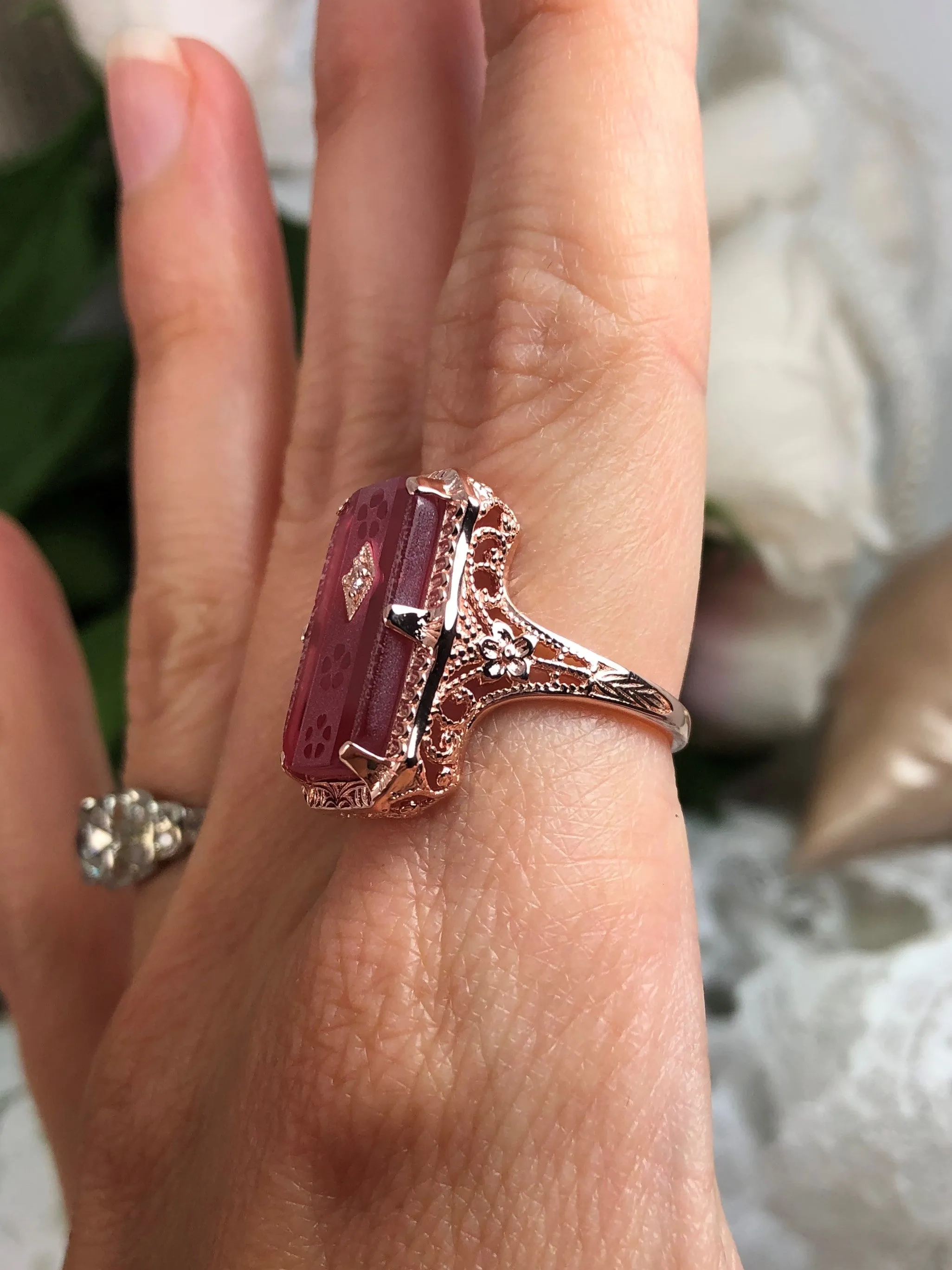 Pink Camphor Glass Ring, Rose Gold overlay, 1915 Vintage style, Edwardian Jewelry #D232