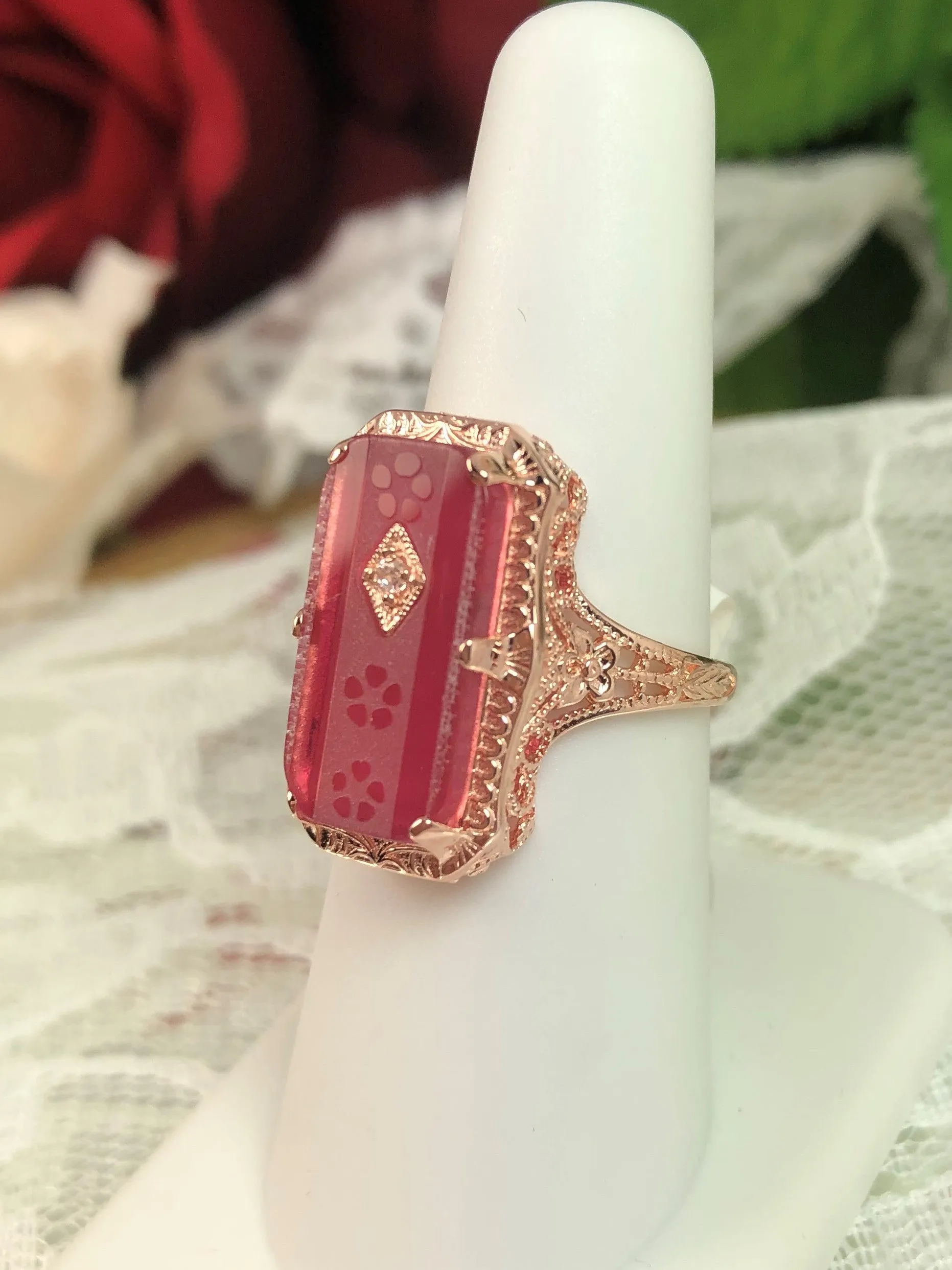 Pink Camphor Glass Ring, Rose Gold overlay, 1915 Vintage style, Edwardian Jewelry #D232