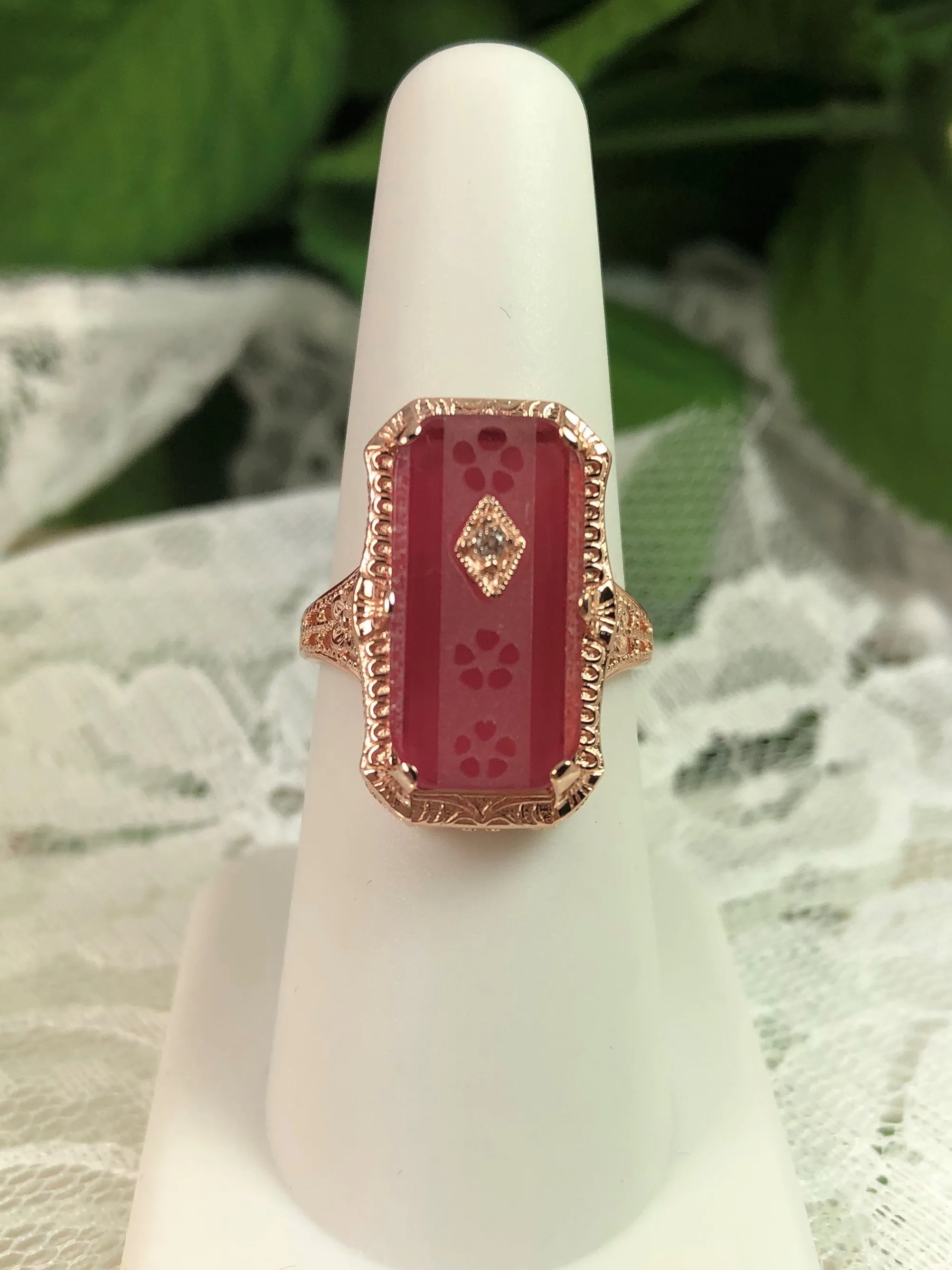 Pink Camphor Glass Ring, Rose Gold overlay, 1915 Vintage style, Edwardian Jewelry #D232