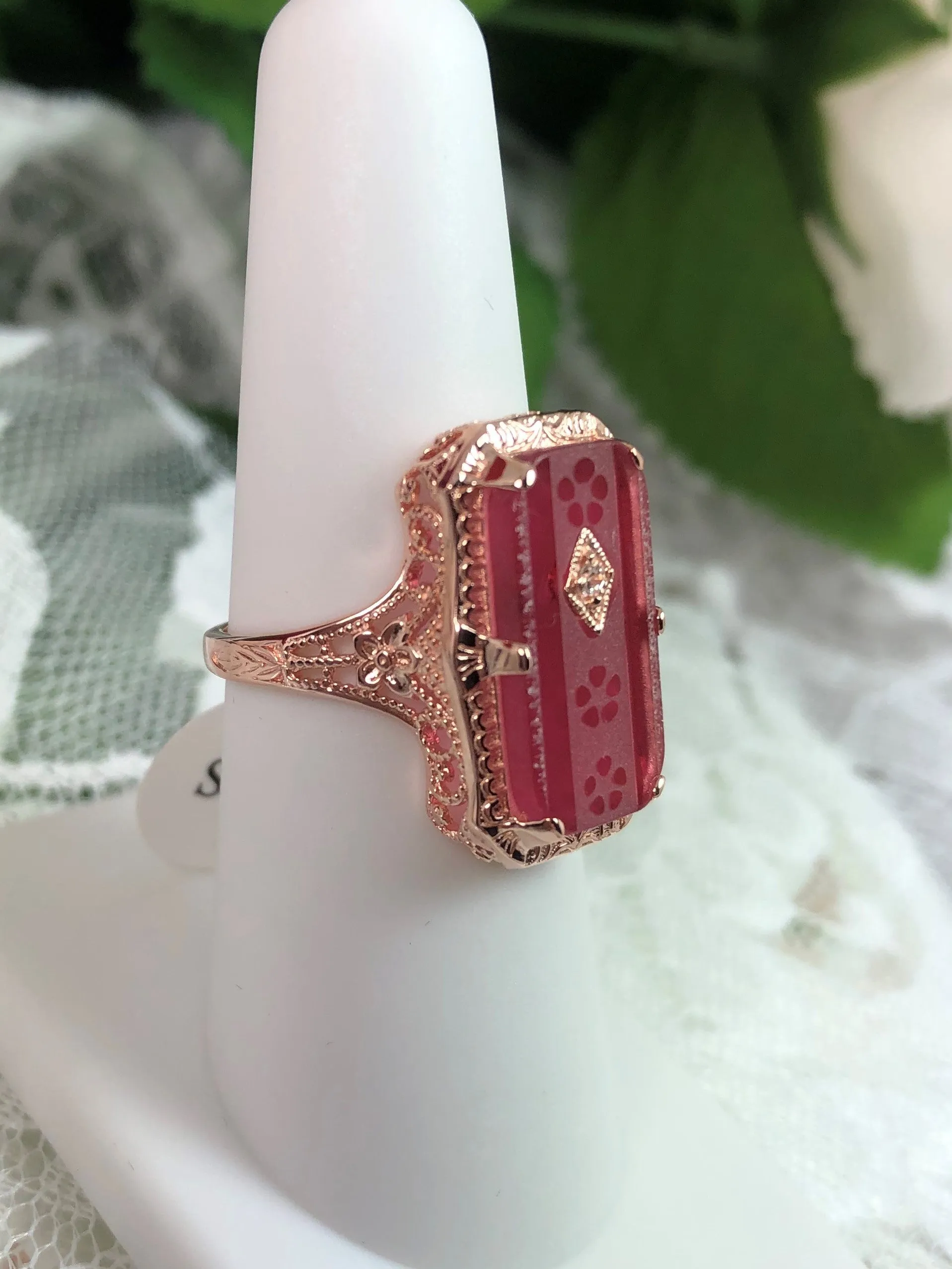 Pink Camphor Glass Ring, Rose Gold overlay, 1915 Vintage style, Edwardian Jewelry #D232