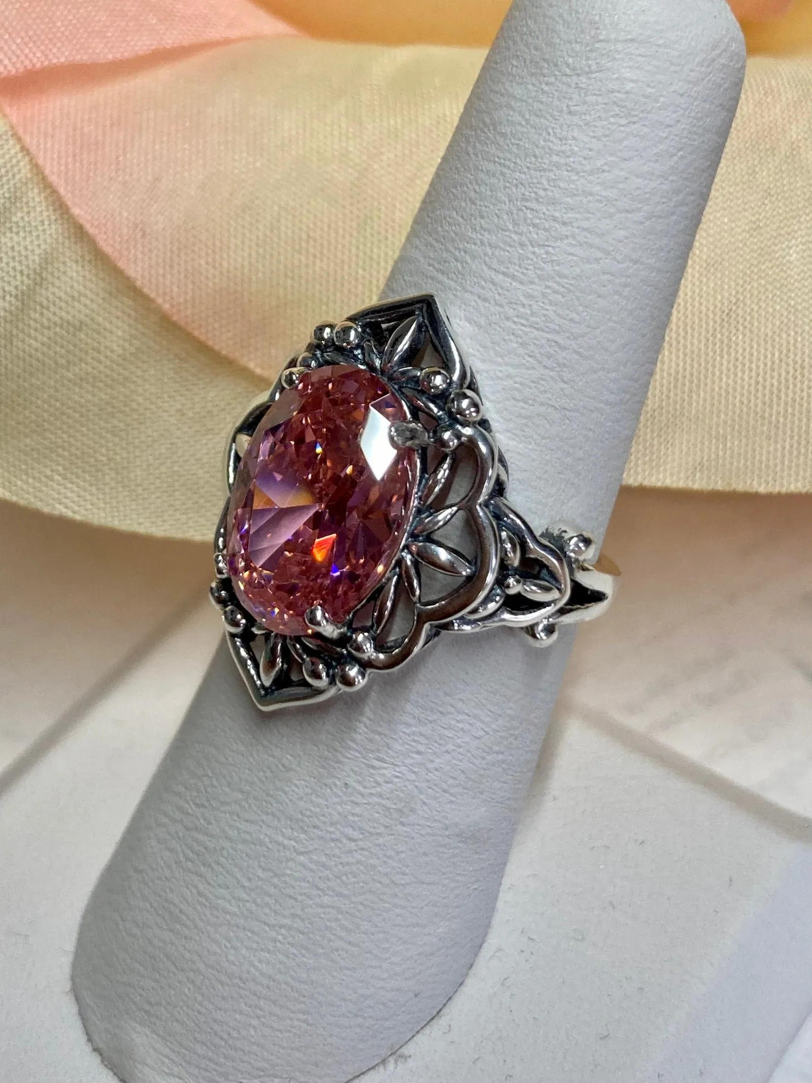 Pink CZ Ring, Gothic Filigree Ring - Vintage Style Ring D98