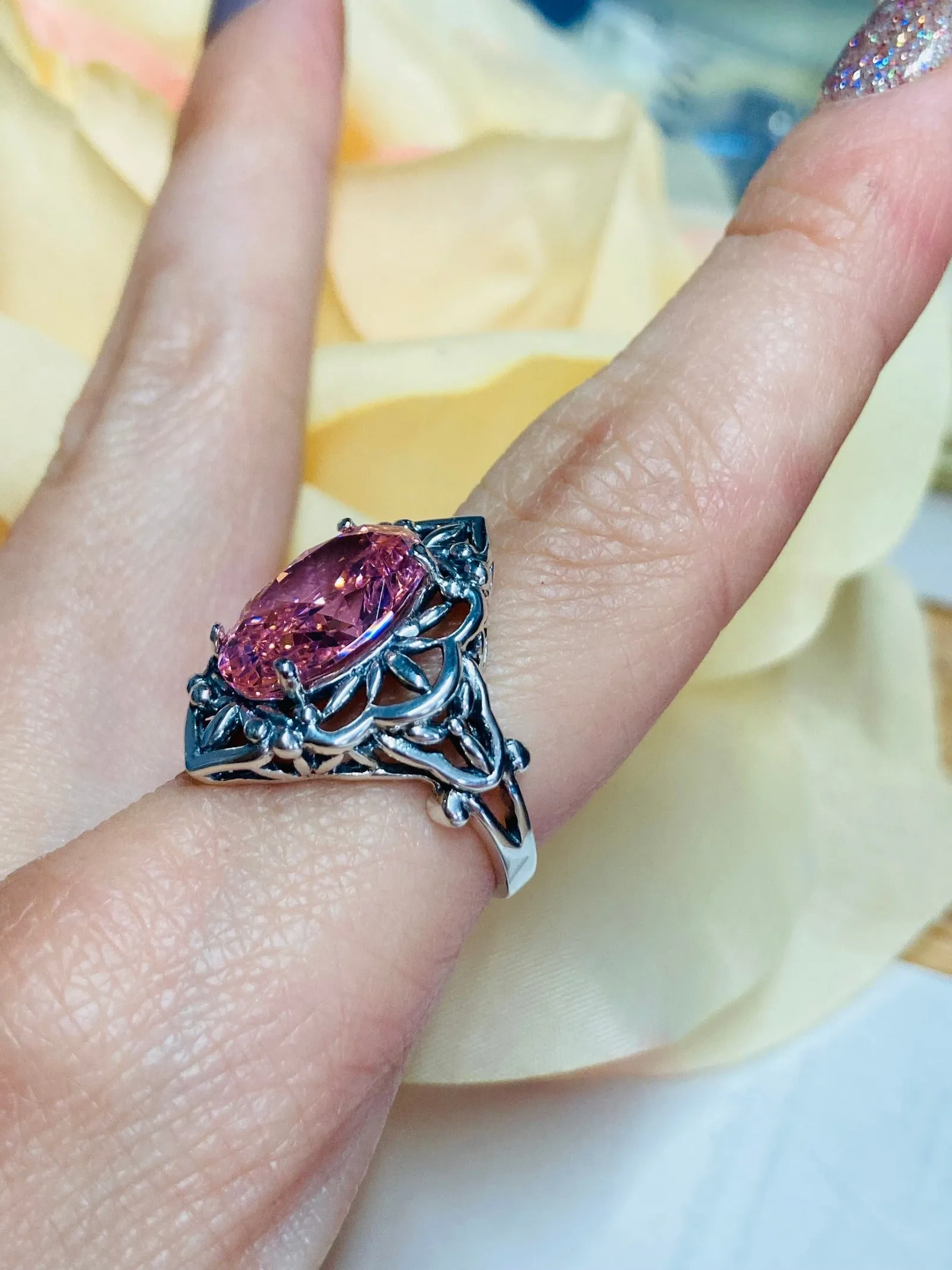 Pink CZ Ring, Gothic Filigree Ring - Vintage Style Ring D98