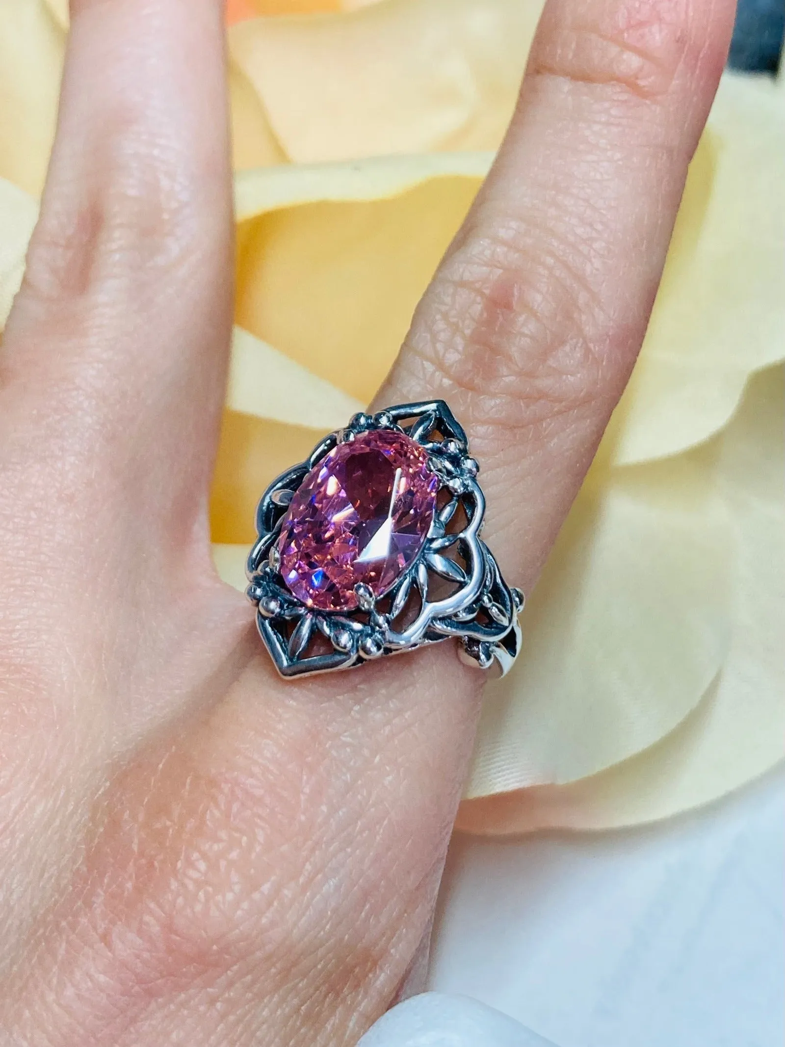 Pink CZ Ring, Gothic Filigree Ring - Vintage Style Ring D98