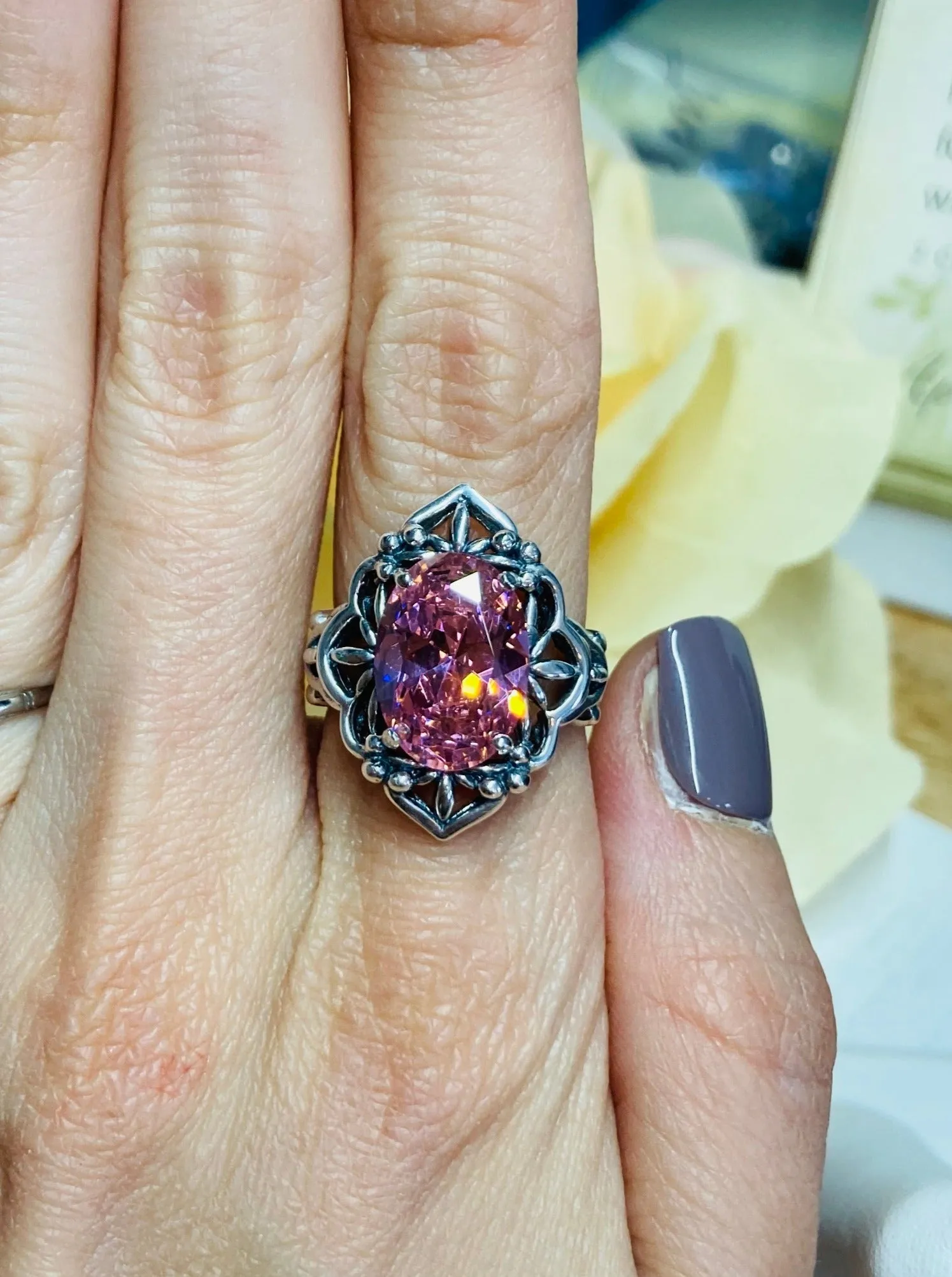 Pink CZ Ring, Gothic Filigree Ring - Vintage Style Ring D98