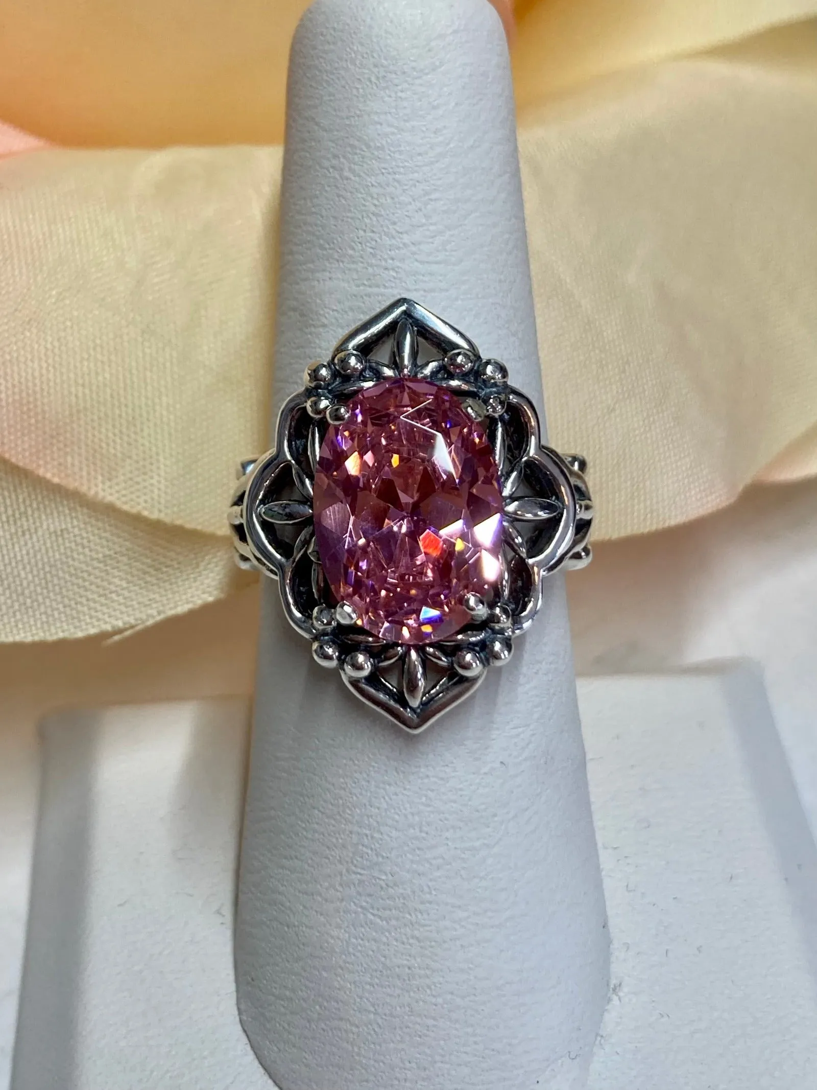 Pink CZ Ring, Gothic Filigree Ring - Vintage Style Ring D98