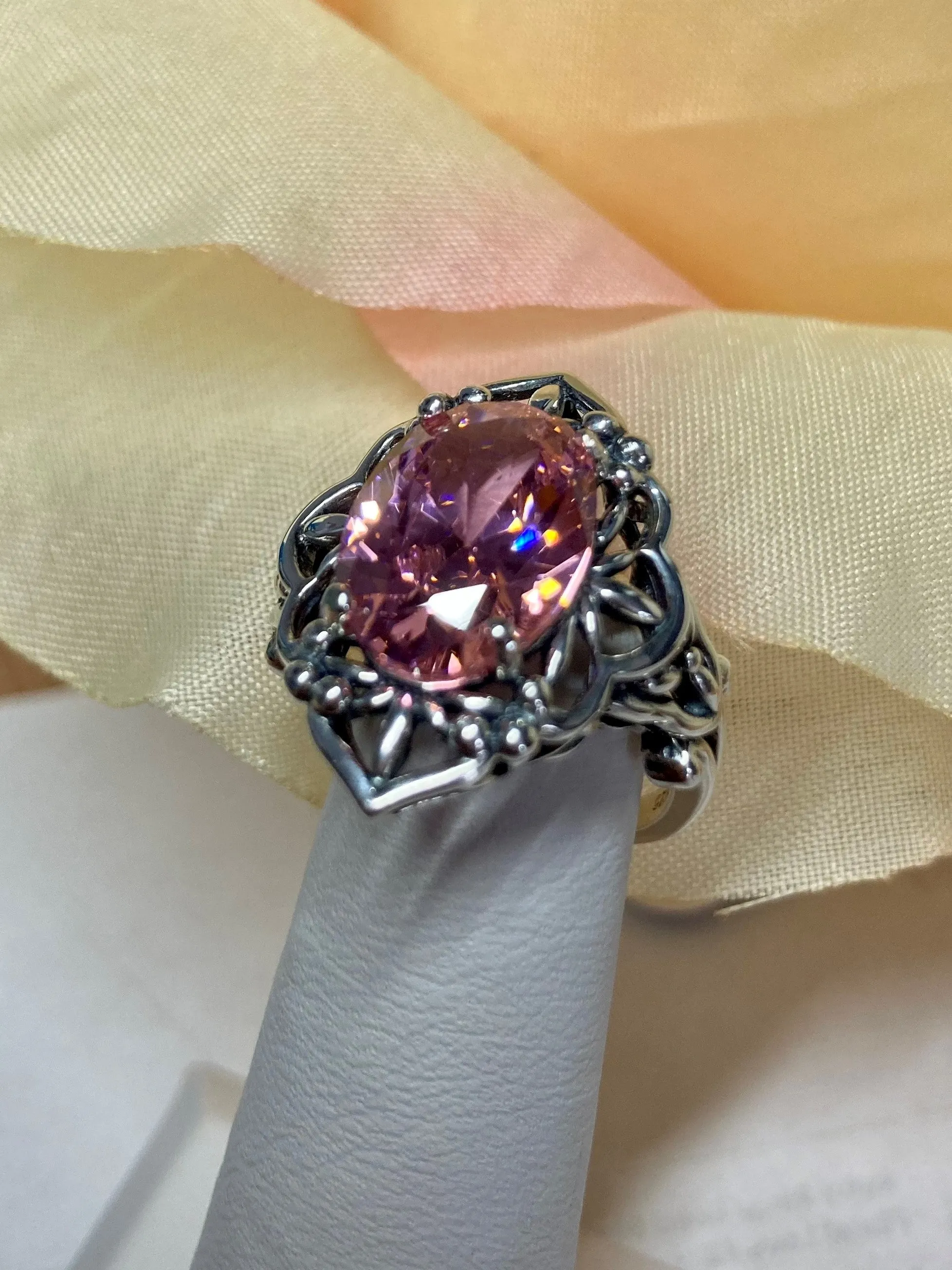 Pink CZ Ring, Gothic Filigree Ring - Vintage Style Ring D98