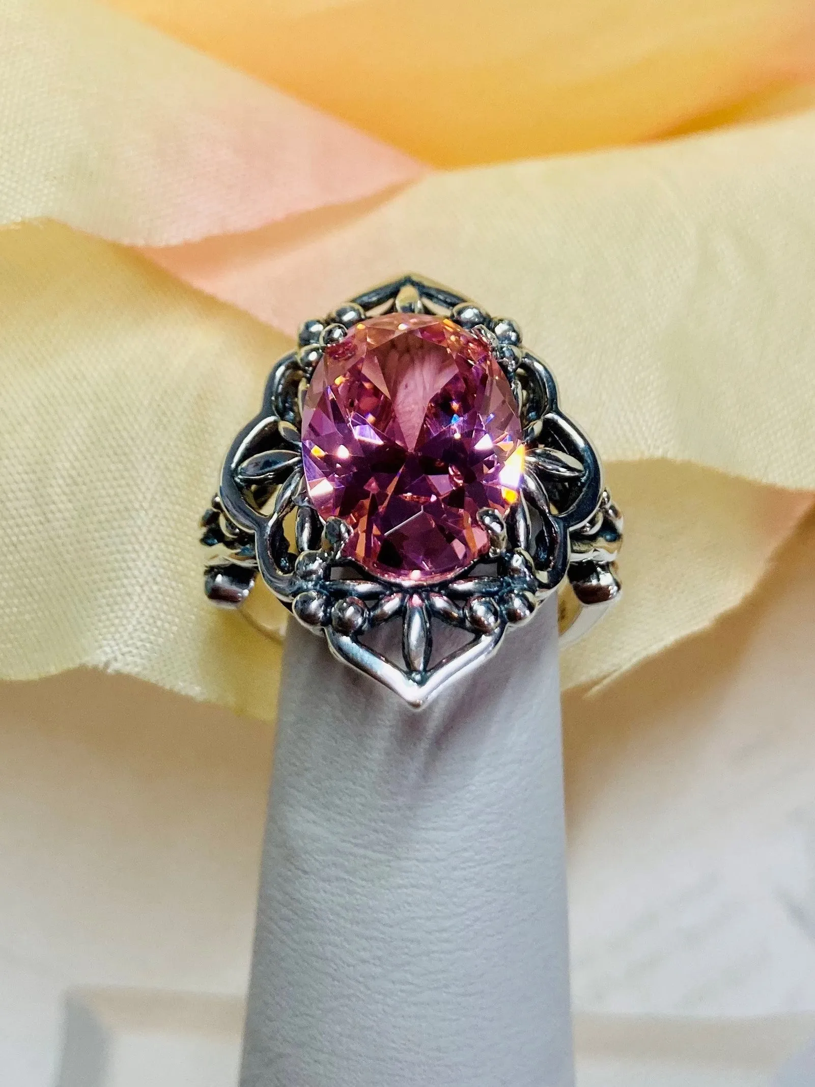 Pink CZ Ring, Gothic Filigree Ring - Vintage Style Ring D98