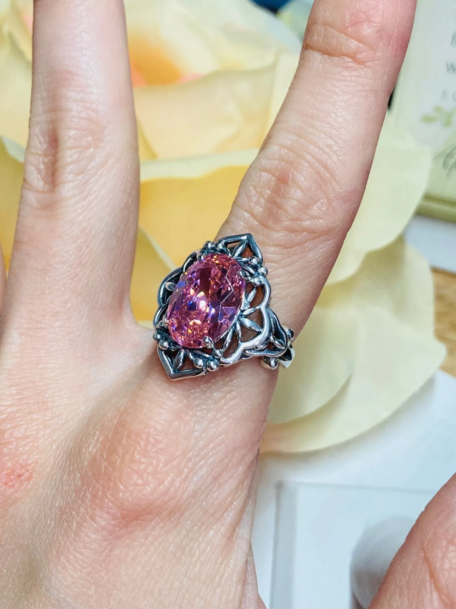 Pink CZ Ring, Gothic Filigree Ring - Vintage Style Ring D98