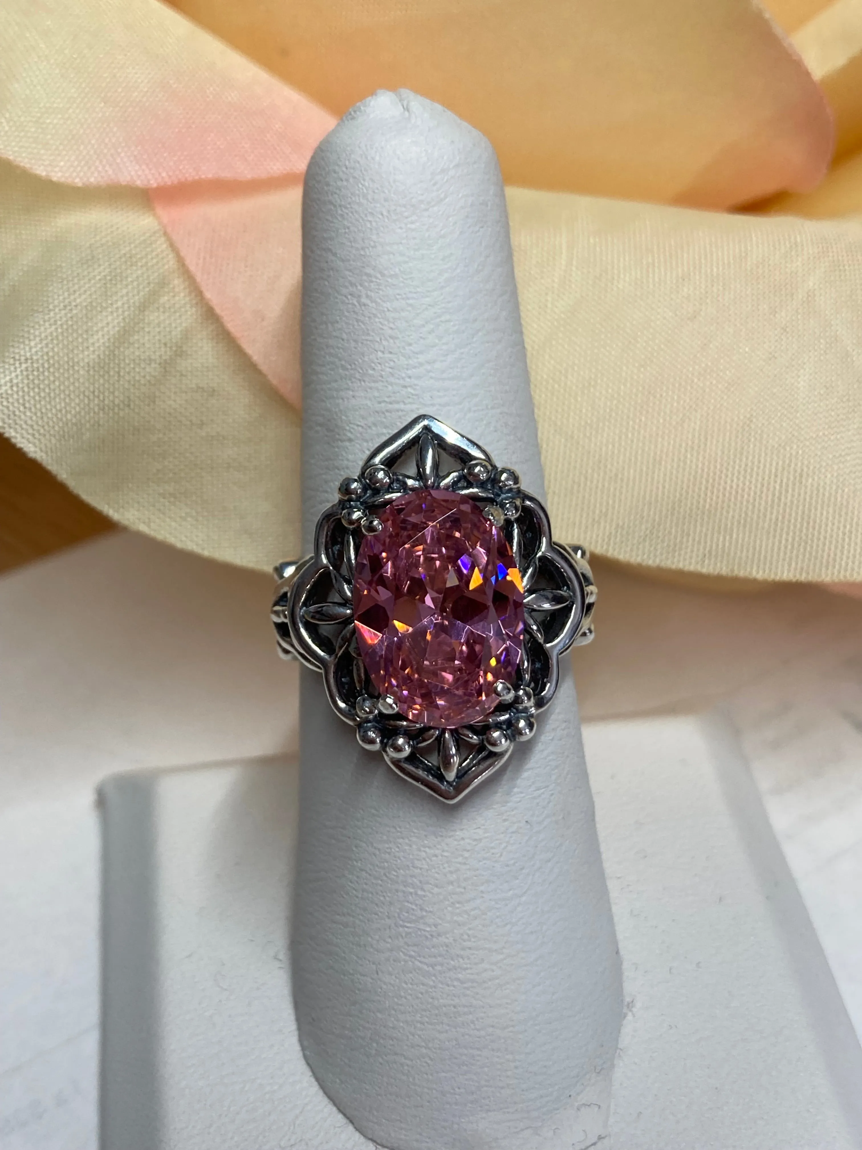 Pink CZ Ring, Gothic Filigree Ring - Vintage Style Ring D98