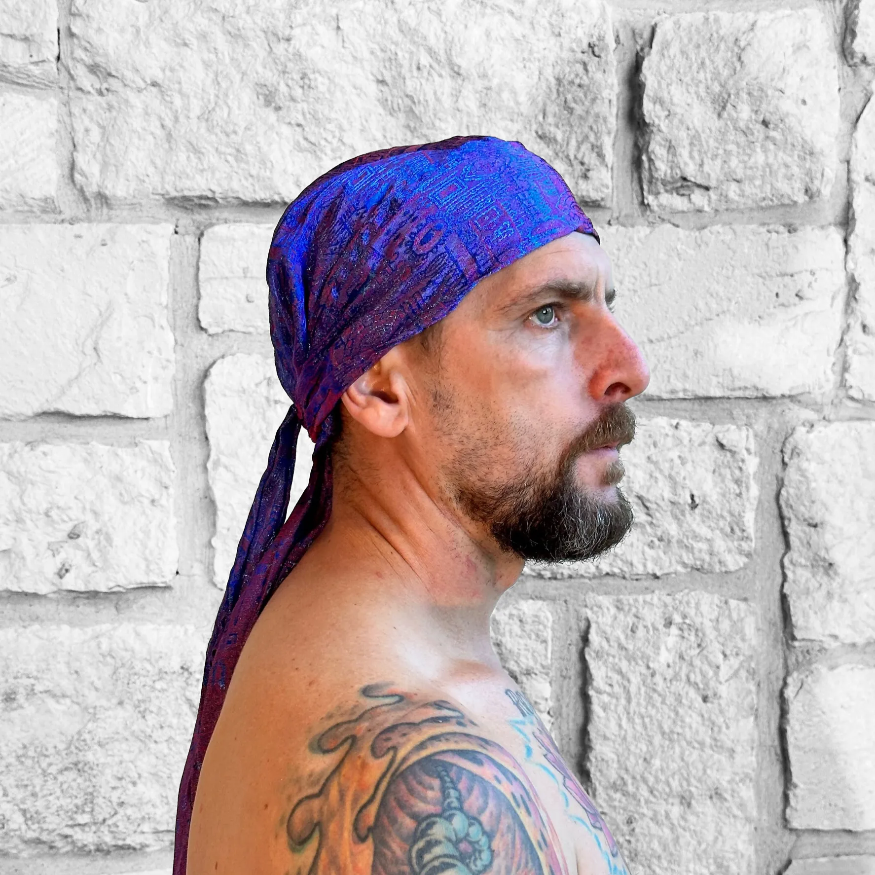 'Pirate Bandana' Medieval Hat, Silk - Blue/Red Sheen