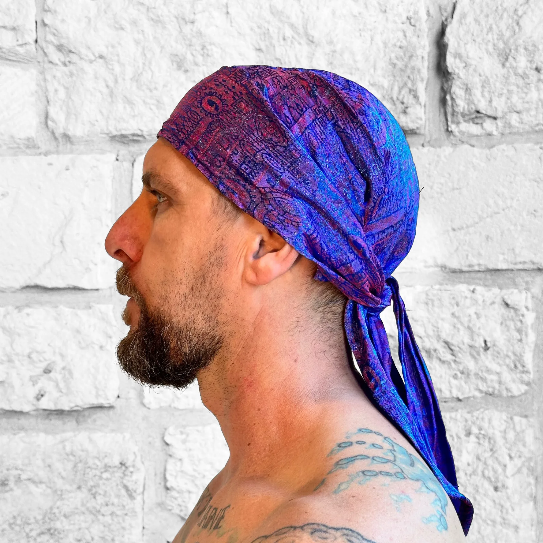 'Pirate Bandana' Medieval Hat, Silk - Blue/Red Sheen