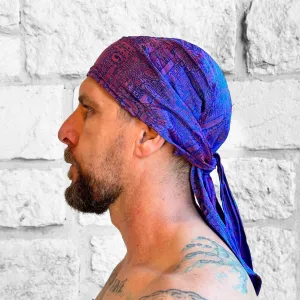 'Pirate Bandana' Medieval Hat, Silk - Blue/Red Sheen