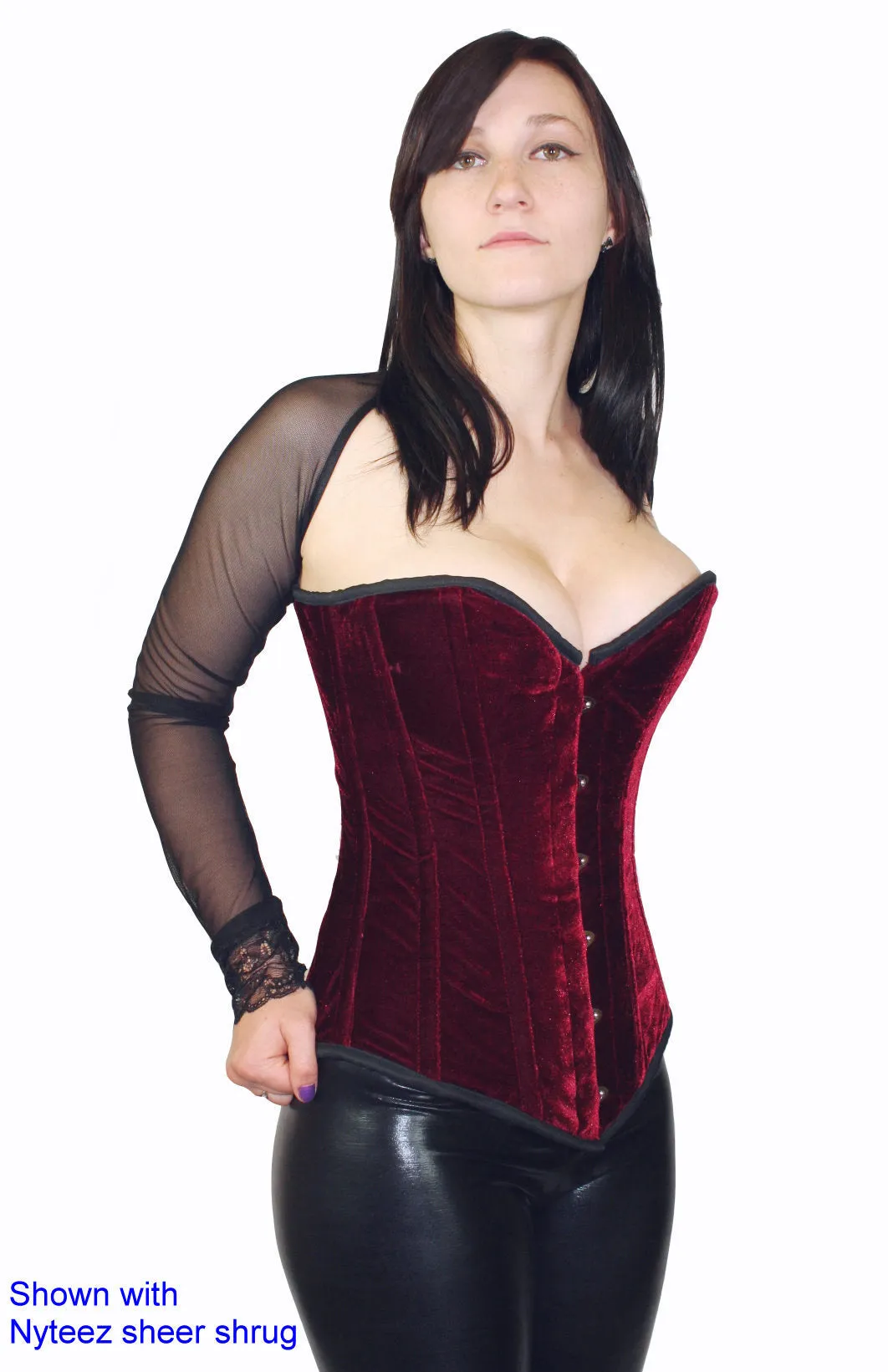 Plus Size Victorian Overbust Corset Burgundy Velvet Long Line Steel Boned