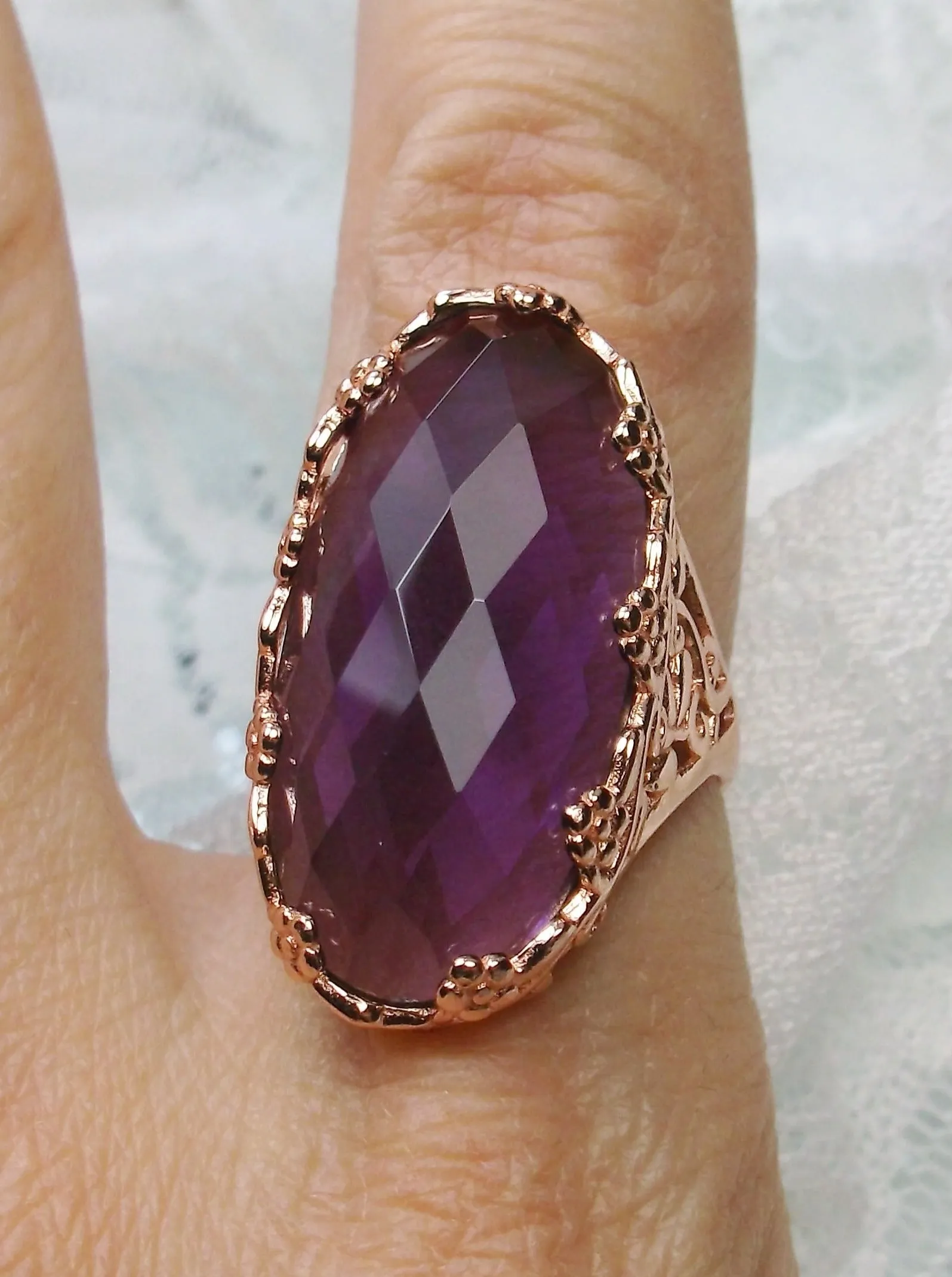 Purple Amethyst Ring, Rose Gold plated Sterling Silver, Large Oval gem, Vintage Jewelry #D97