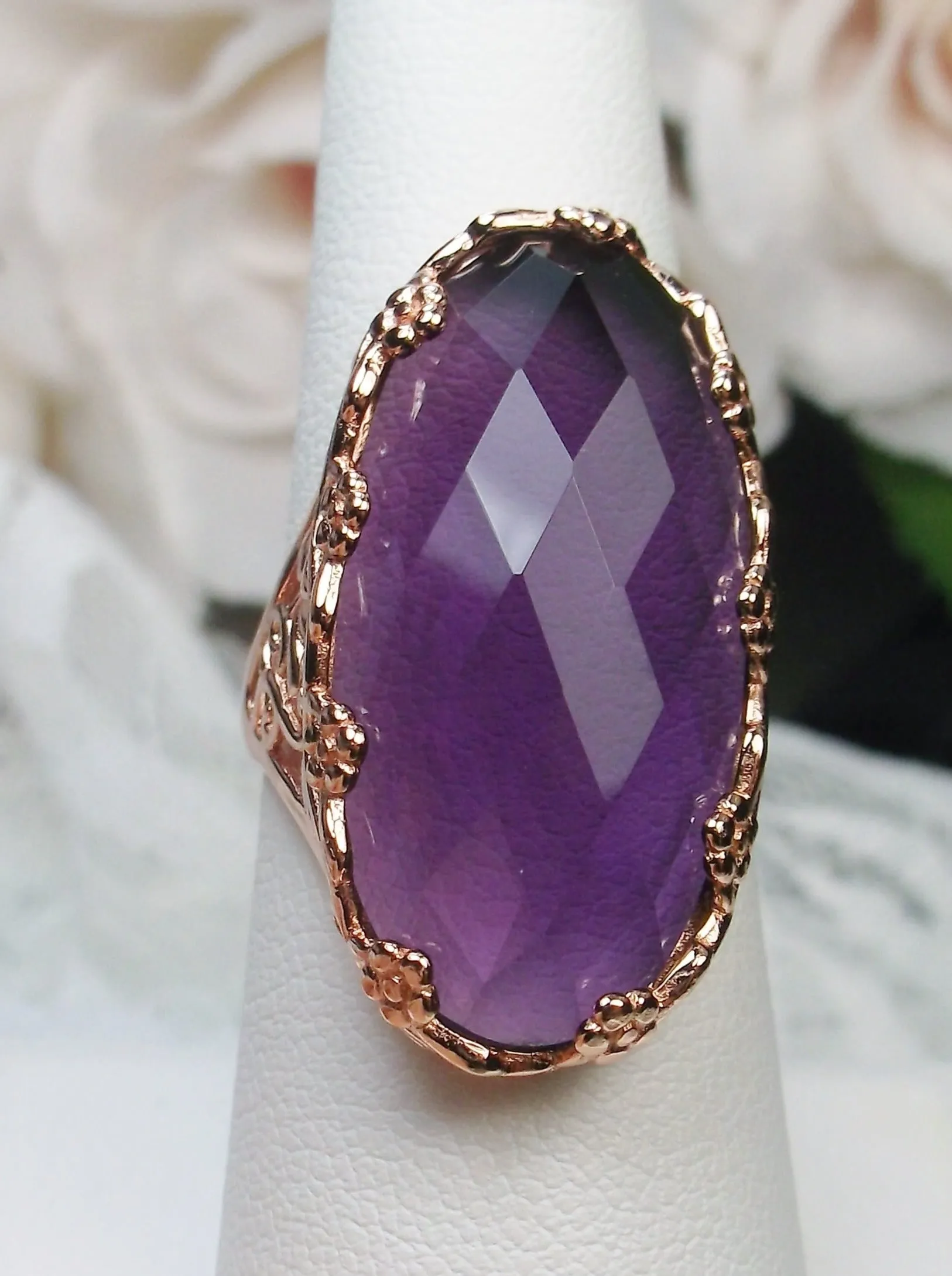 Purple Amethyst Ring, Rose Gold plated Sterling Silver, Large Oval gem, Vintage Jewelry #D97