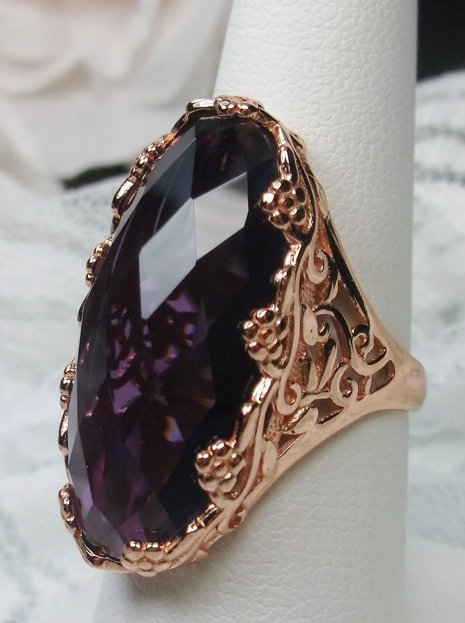 Purple Amethyst Ring, Rose Gold plated Sterling Silver, Large Oval gem, Vintage Jewelry #D97