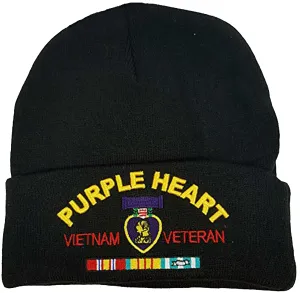 Purple Heart Vietnam Veteran Winter Watch Hat, Black Cold Weather Beanie, Military Skull Cap