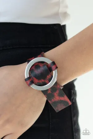 "Jungle Cat Couture" Red Cheetah Animal Print Leather Silver Ring Snap Bracelet