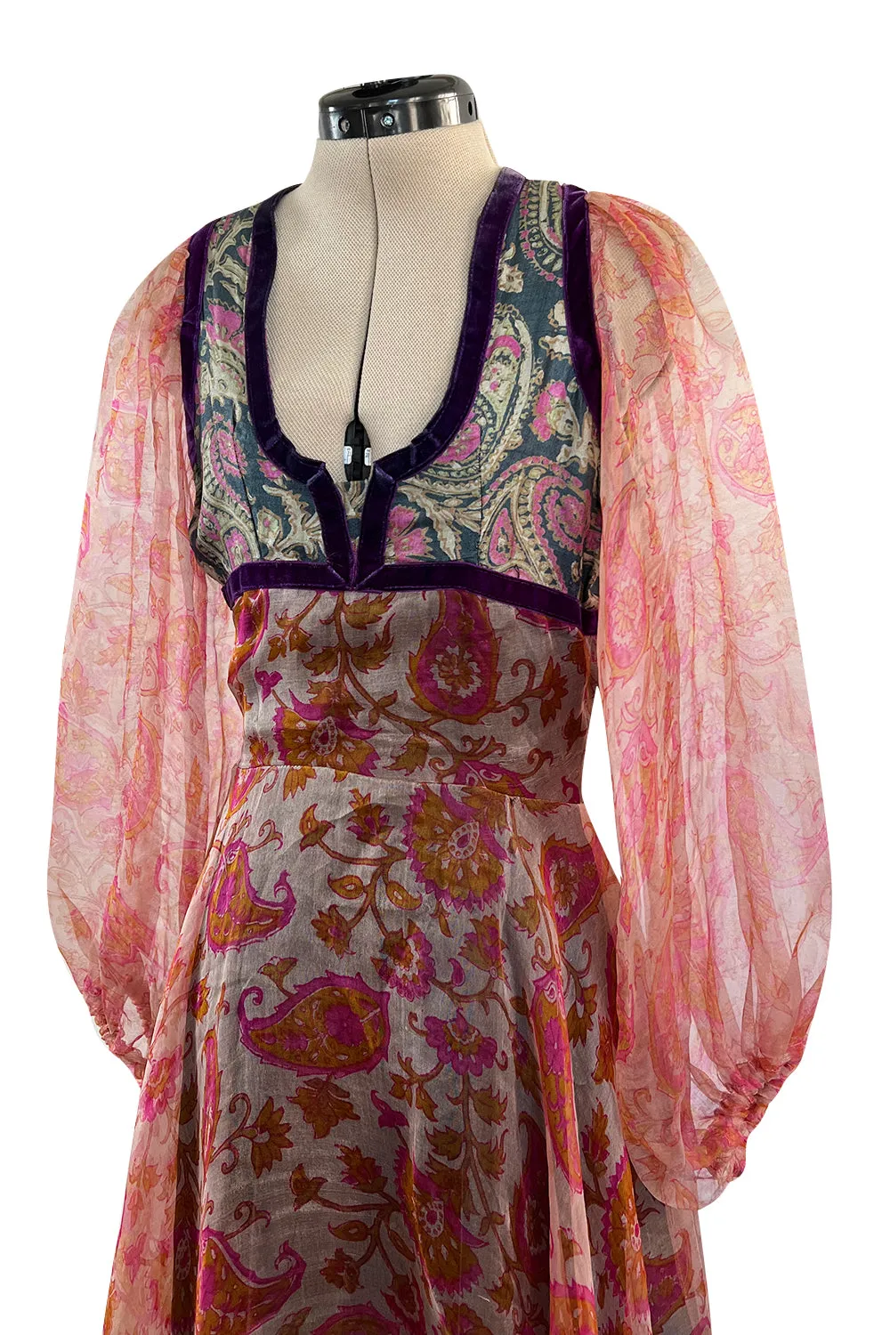 Rare 1968-71 Thea Porter Couture Unlabeled Silk Organza & Brocade Gipsy Dress w Balloon Sleeves
