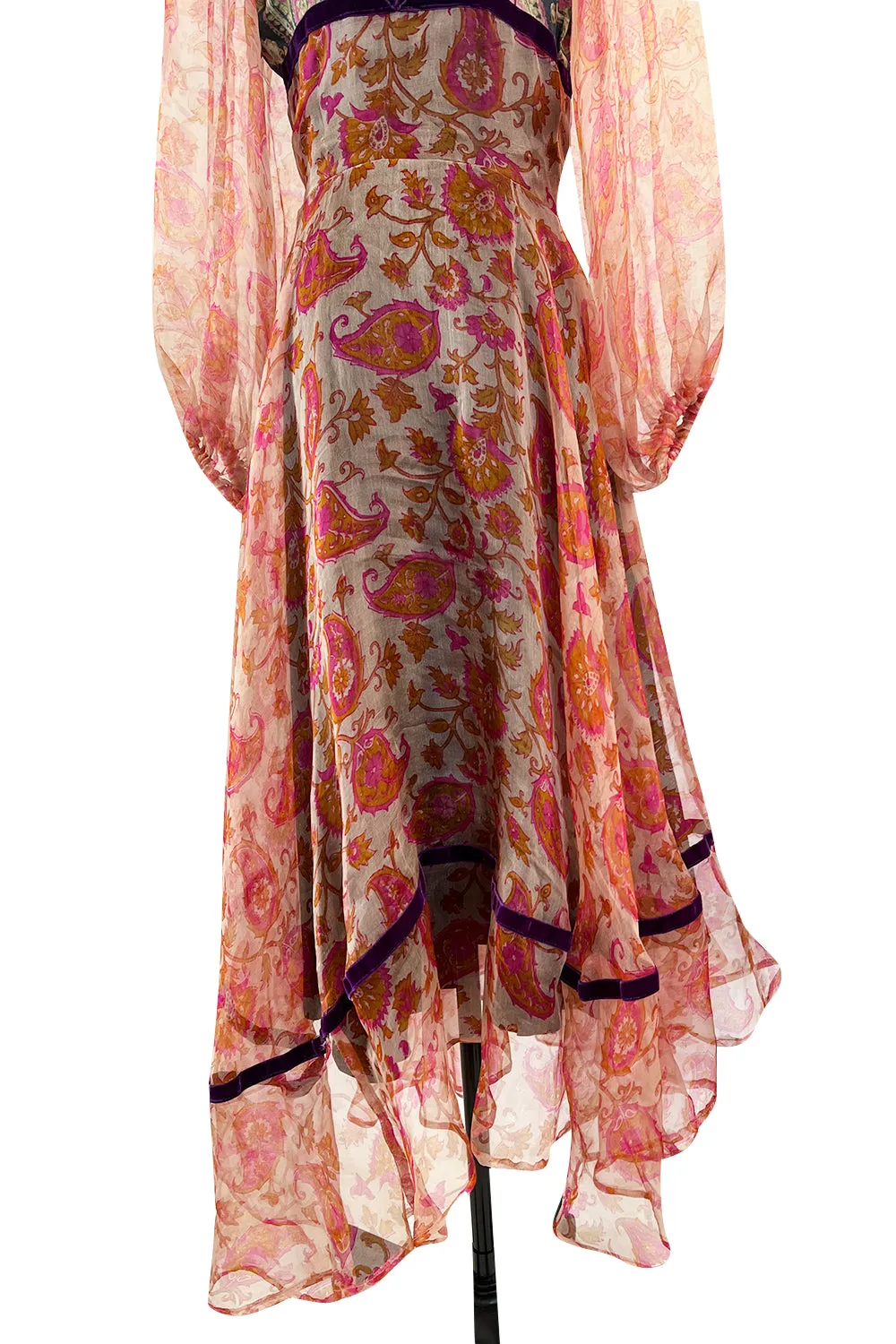 Rare 1968-71 Thea Porter Couture Unlabeled Silk Organza & Brocade Gipsy Dress w Balloon Sleeves