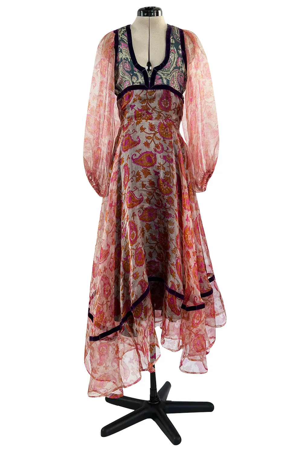 Rare 1968-71 Thea Porter Couture Unlabeled Silk Organza & Brocade Gipsy Dress w Balloon Sleeves