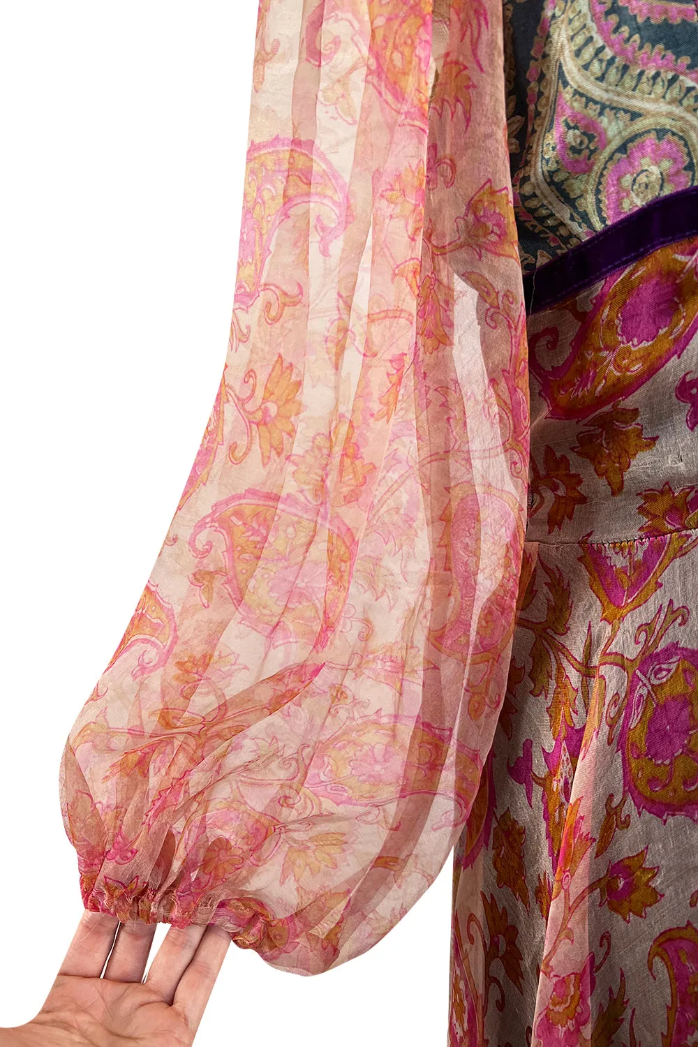 Rare 1968-71 Thea Porter Couture Unlabeled Silk Organza & Brocade Gipsy Dress w Balloon Sleeves