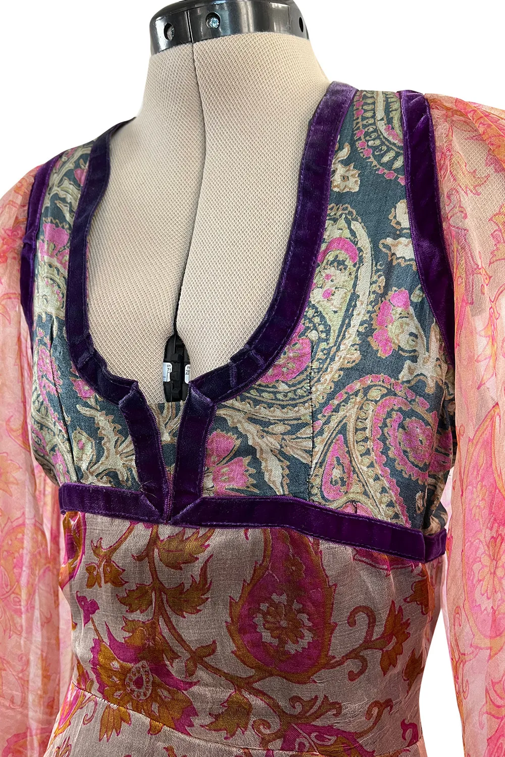 Rare 1968-71 Thea Porter Couture Unlabeled Silk Organza & Brocade Gipsy Dress w Balloon Sleeves