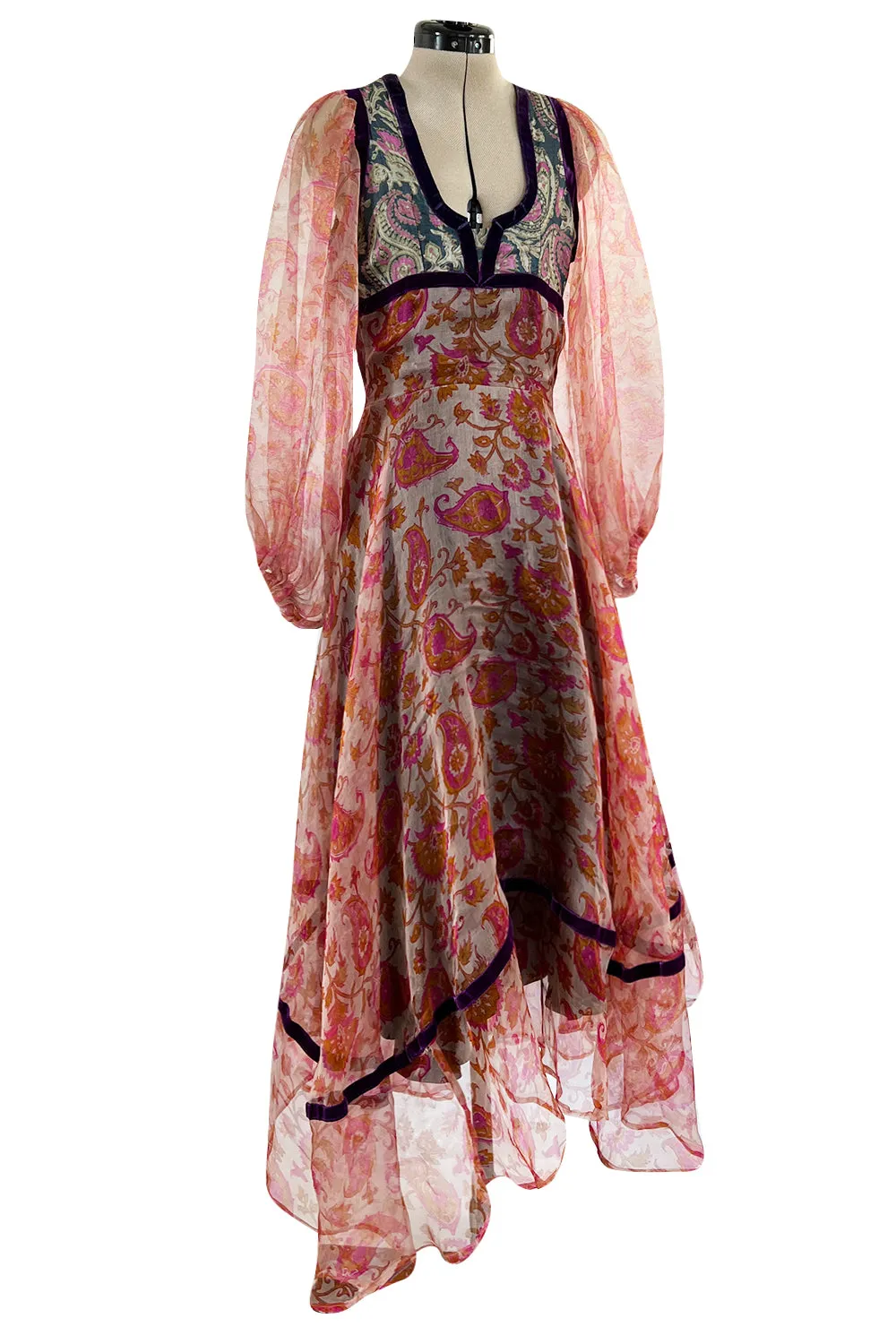 Rare 1968-71 Thea Porter Couture Unlabeled Silk Organza & Brocade Gipsy Dress w Balloon Sleeves