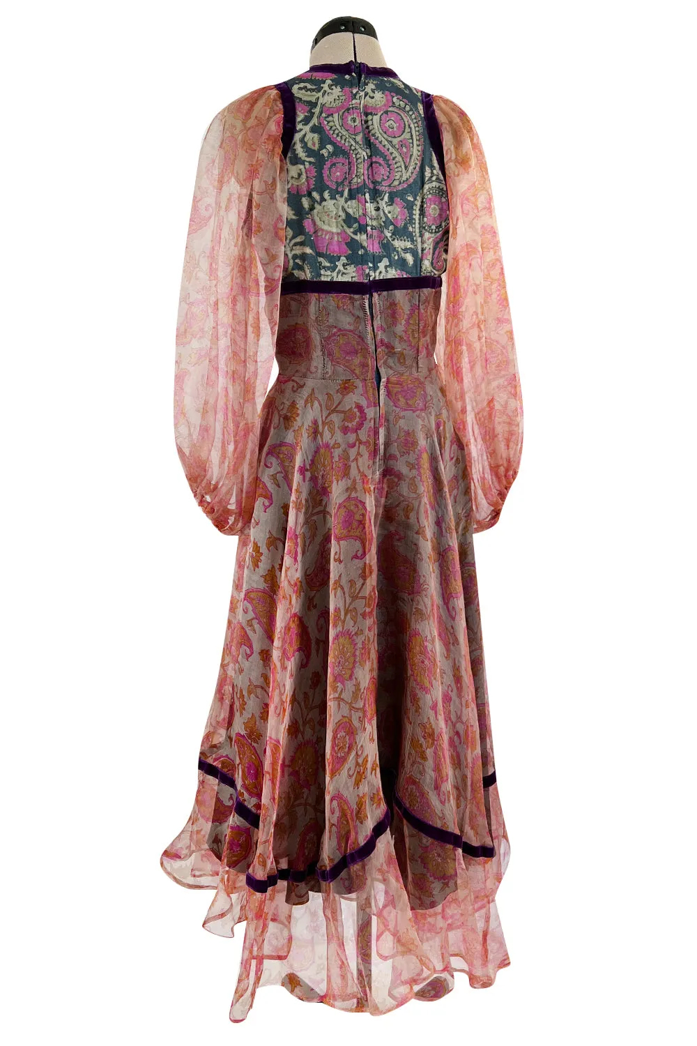 Rare 1968-71 Thea Porter Couture Unlabeled Silk Organza & Brocade Gipsy Dress w Balloon Sleeves