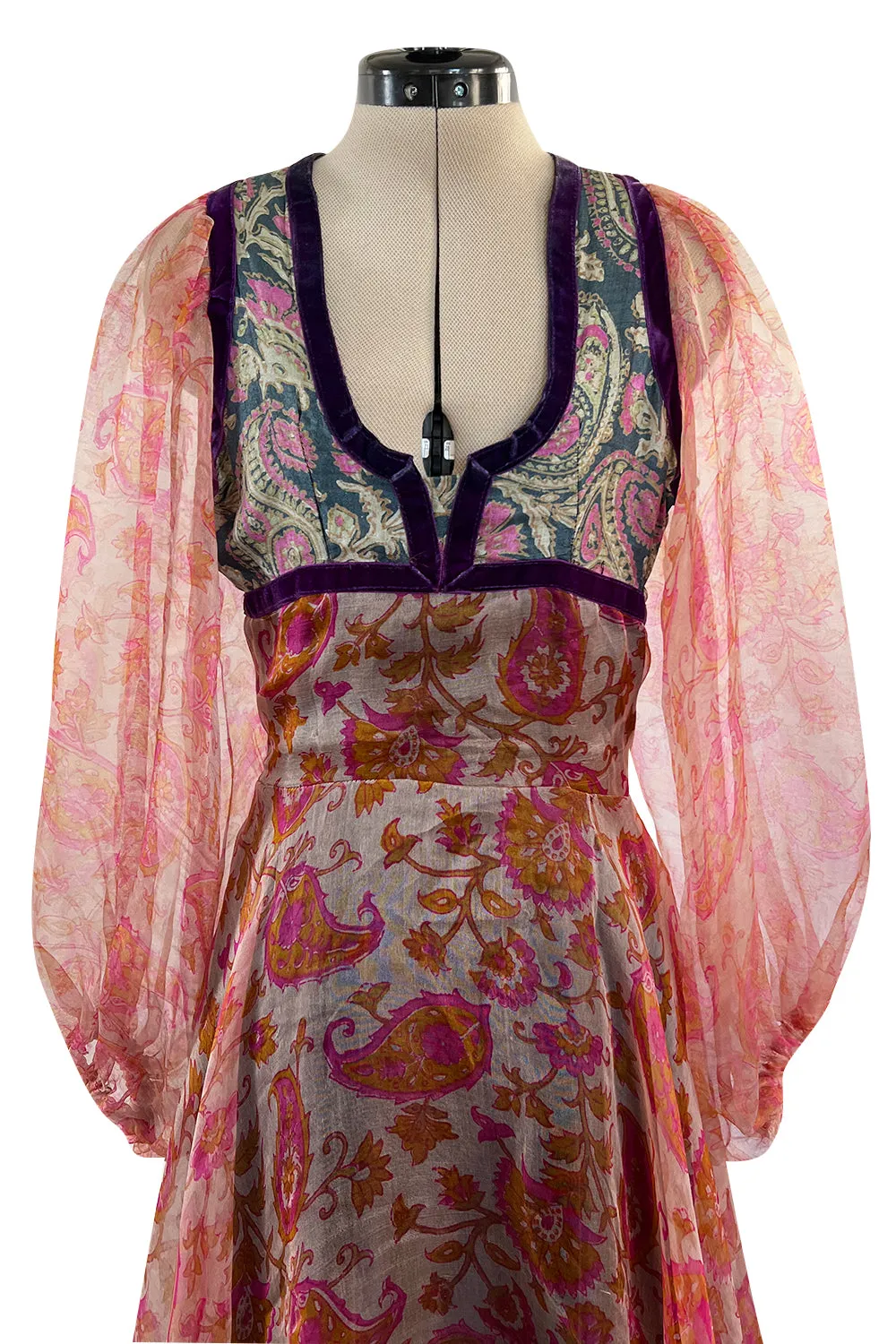 Rare 1968-71 Thea Porter Couture Unlabeled Silk Organza & Brocade Gipsy Dress w Balloon Sleeves
